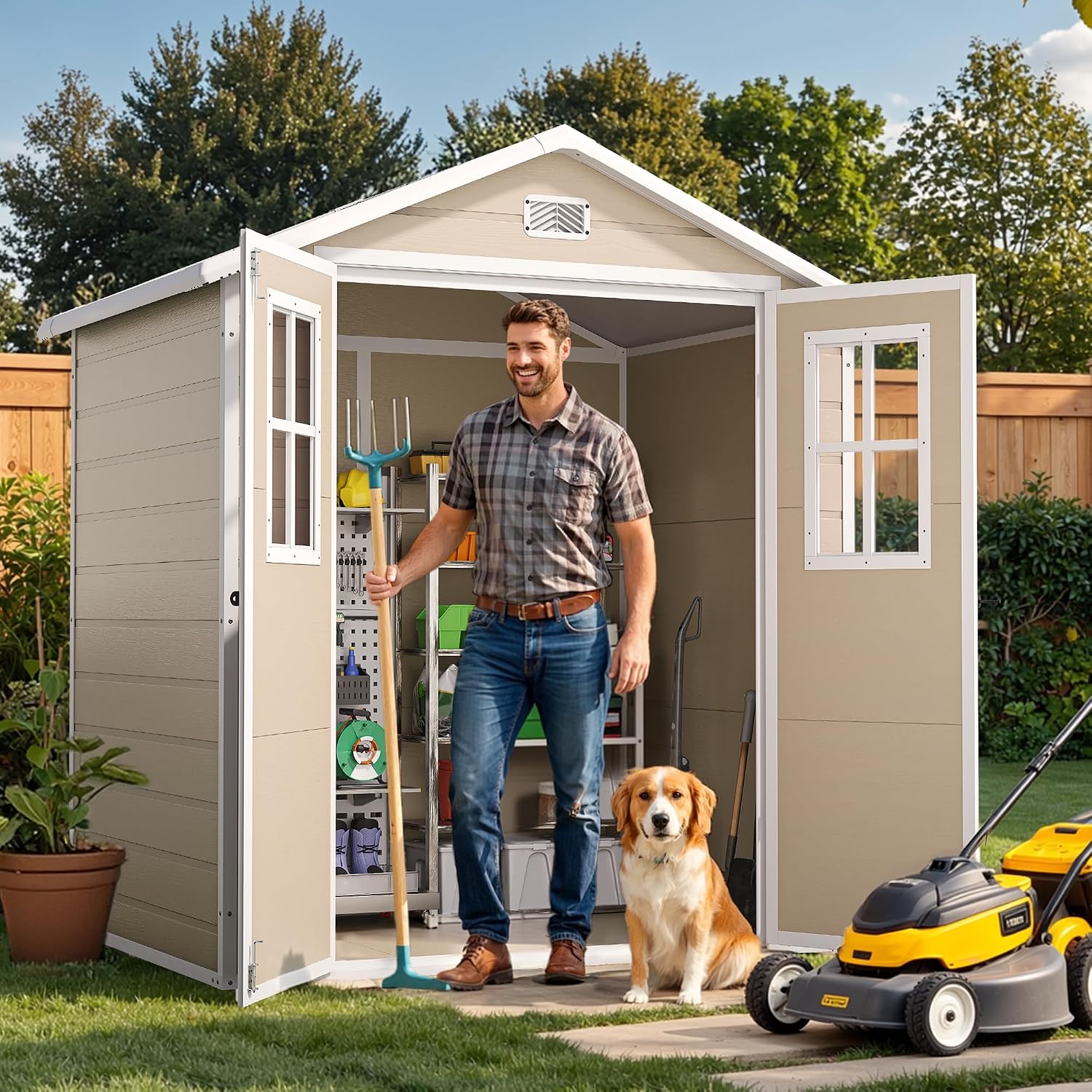 DWVO 6x4.4 FT Outdoor Storage Shed, Plastic Garden Tool Shed with 2 Windows, Double-Wall Outside Shed for Lawn Mower, Garden Tool for Backyard, Patio, Lockable, Beige