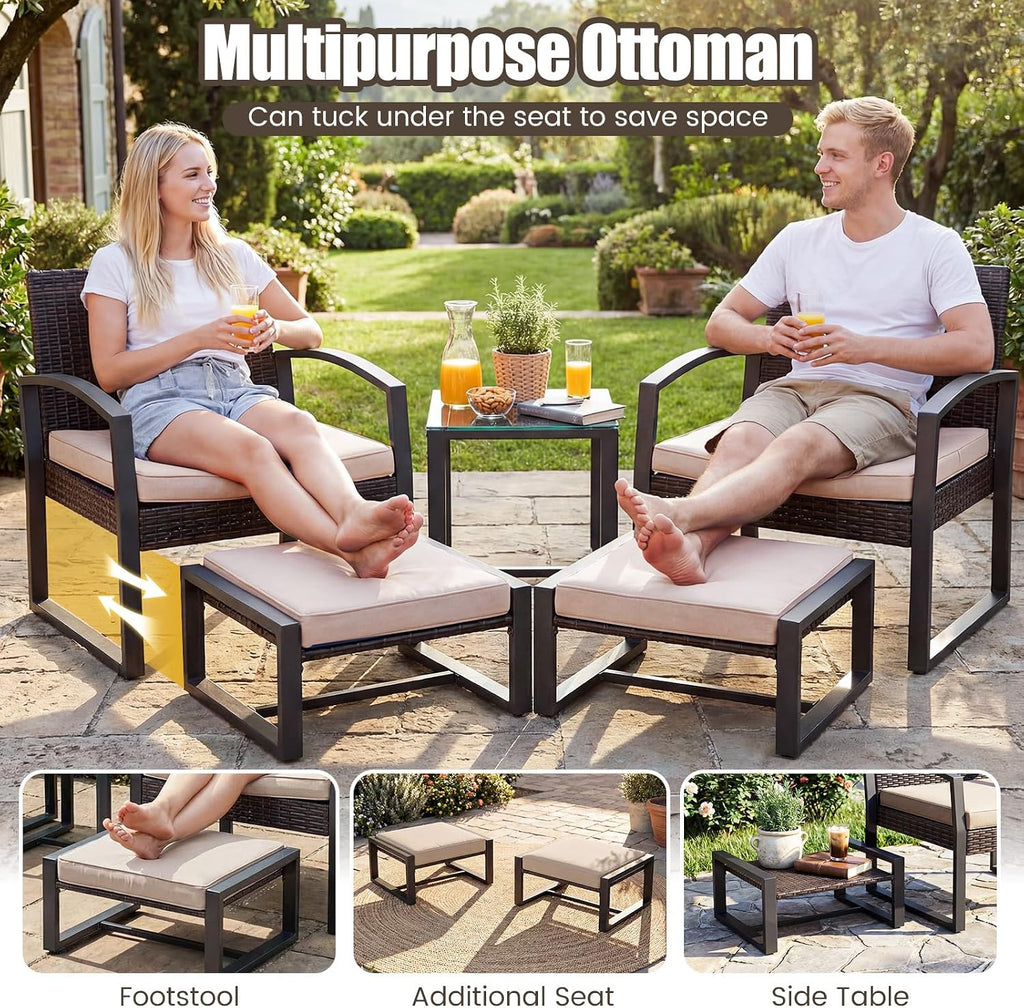 Tangkula 5 Pieces Wicker Patio Conversation Set, Outdoor PE Rattan Chair with Ottoman Set with Glass Side Table, 2-Person Small Balcony Furniture Seating Set with Cushions for Porch, Backyard, Deck