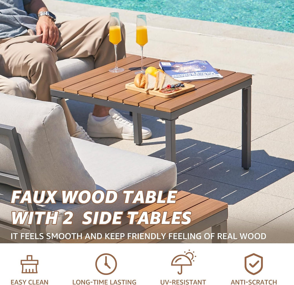 NATURAL EXPRESSIONS Patio Furniture Sets, L Shape Patio Sectional Metal Outdoor Sectional Corner Sofa Outdoor Couch with Detachable Backrest,3 Fauxwood Tables,5' Grey Olefin Cushions