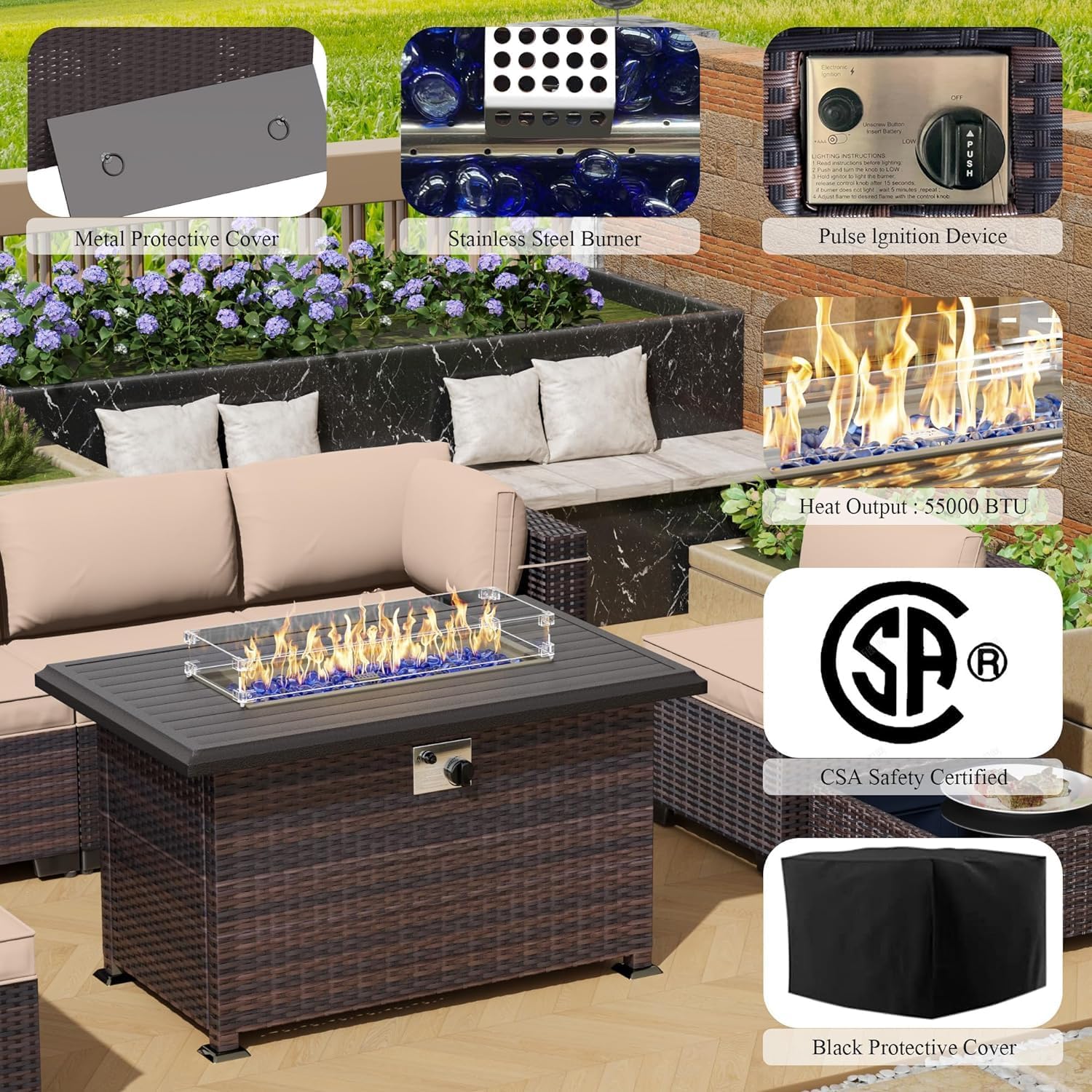 8 Pieces Outdoor Patio Furniture Set,Outdoor Sectional Furniture with 43' 55000 BTU Gas Propane Fire Pit Table,All Weather PE Rattan Wicker Patio Conversation Set,Sand