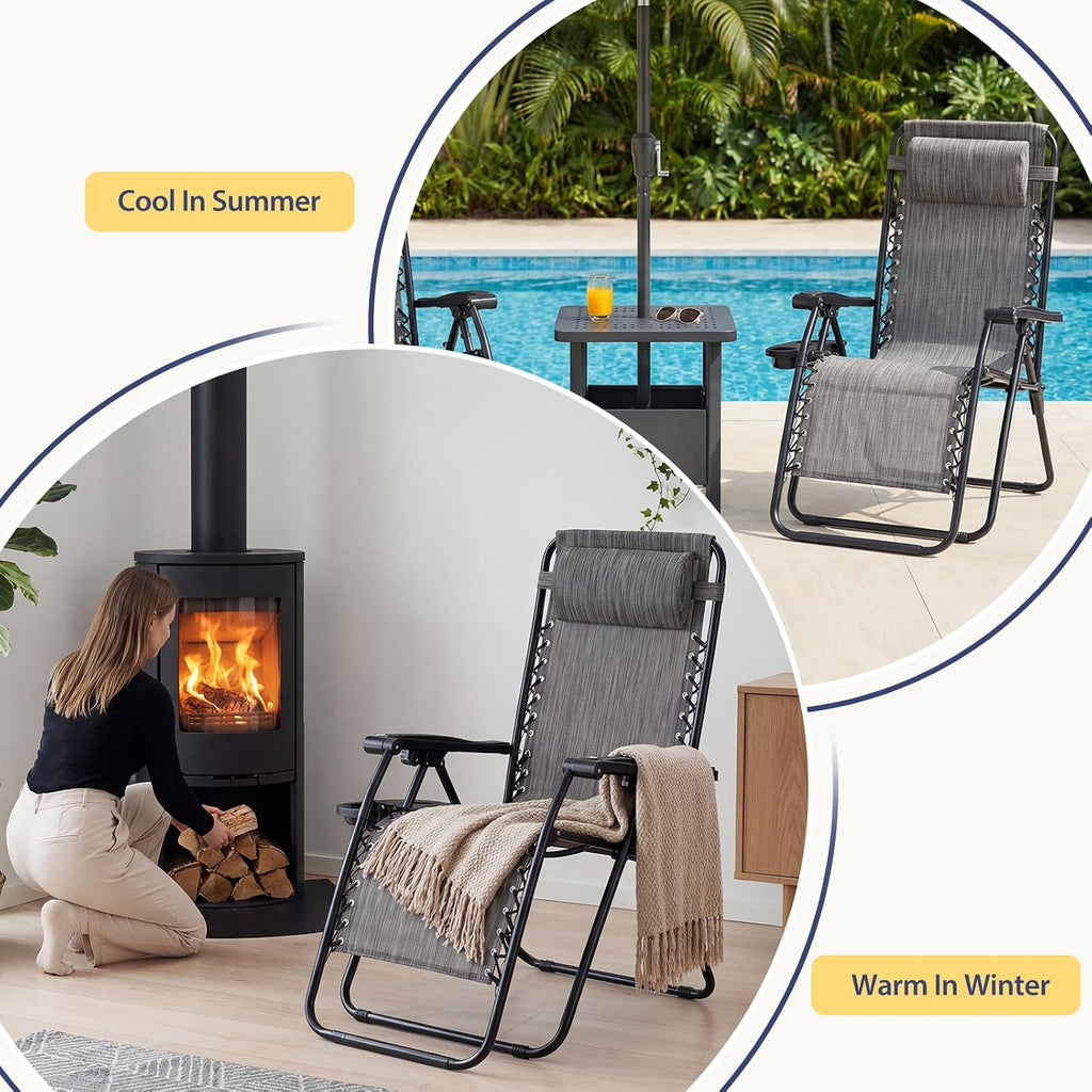 Sweetcrispy Zero Gravity Chairs, Set of 4 Portable Recliner Beach Camping Patio Outdoor Folding Lounge Chair with Cup Holder Trays and Adjustable Pillow for Poolside, Garden, Backyard, Lawn (Grey)
