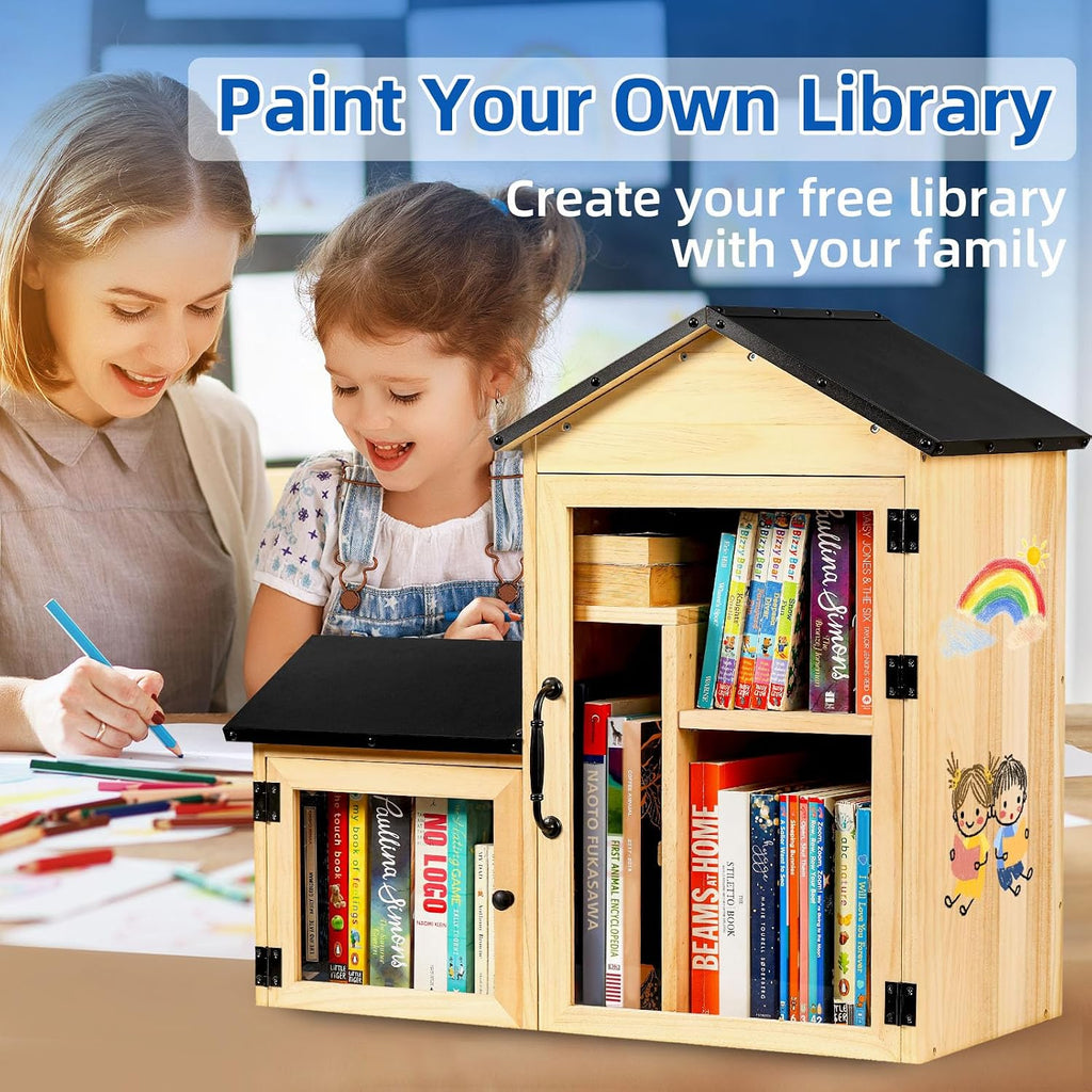 Little Library Box Outdoor, Double Little Library Design with Adjustable Shelf and Large & Small Compartments, Solid Wood with Waterproof Coating & Metal Trim, Sharing Books, Literature & Newspapers