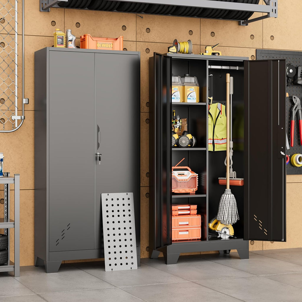 Storage Cabinet 61' H, Metal Tools Storage Cabinet with Lockable Doors and Shelves, Outdoor Storage Sheds with Removable Pegboard for Garage, Utility Room, Office