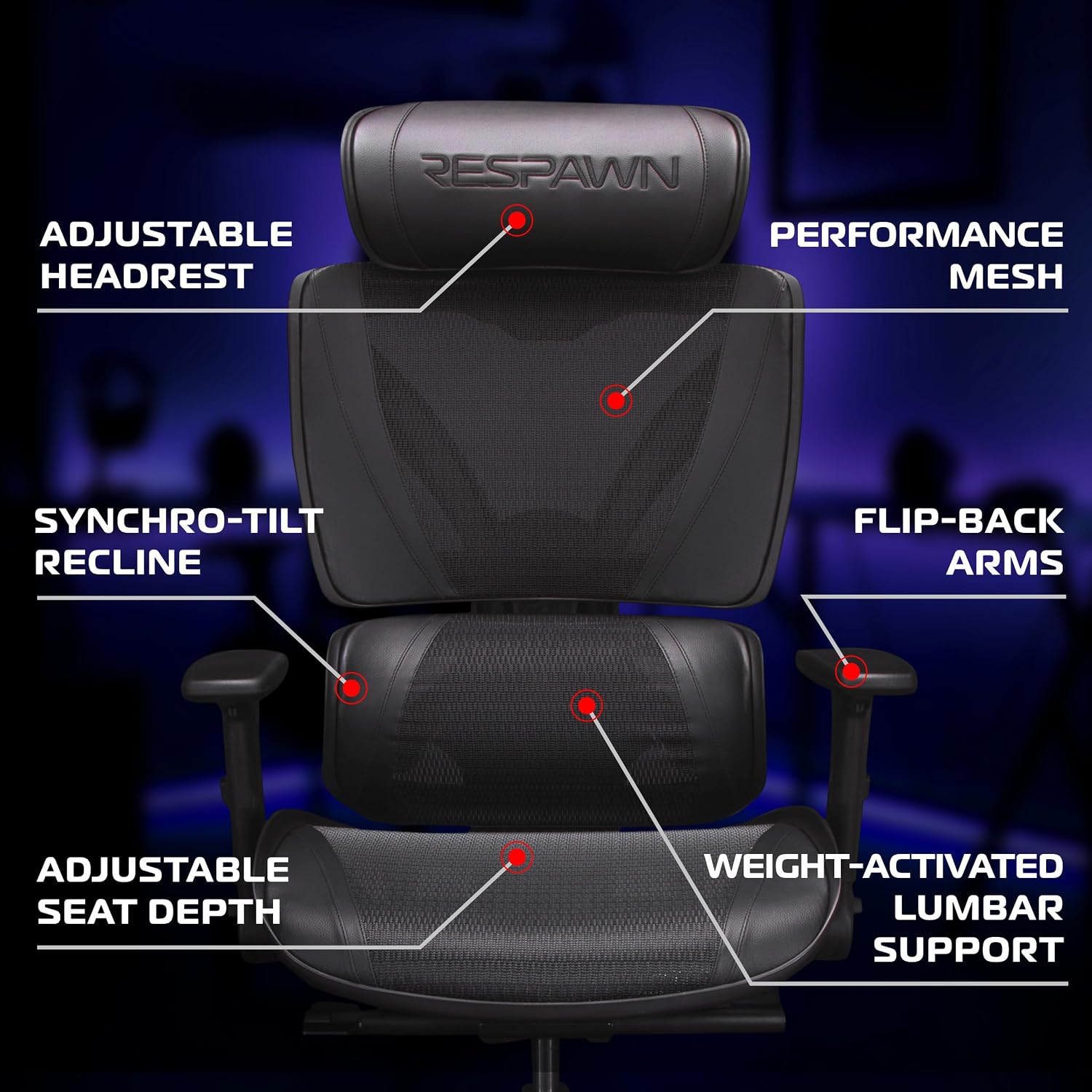Respawn Specter Ergonomic Office Chair with Lumbar Support, Headrest, Adjustable Arms - Comfy Breathable Mesh Computer Desk Seat for Home Office, High Back Reclining Gaming Chairs for Adults - Black