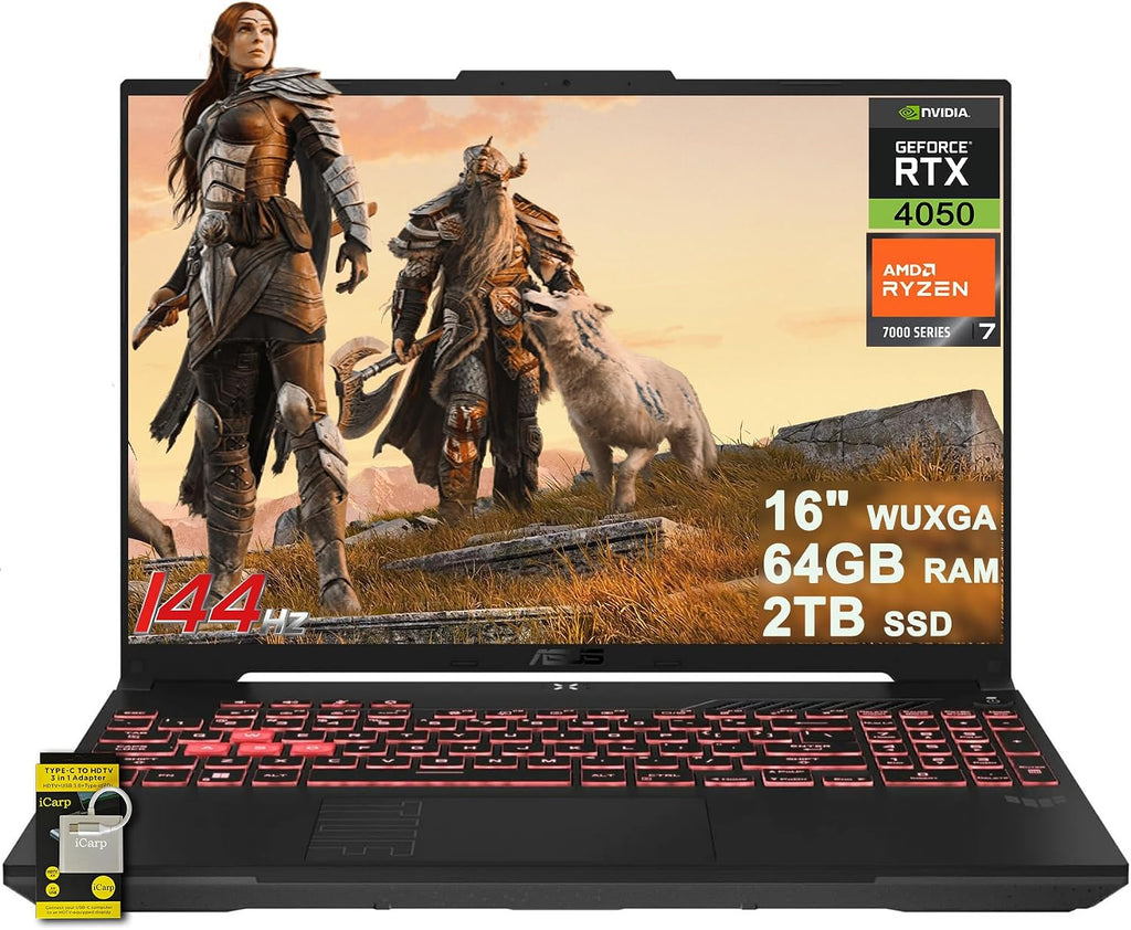 ASUS TUF Gaming A16 Laptop 16' WUXGA IPS 144Hz AMD 6-core Ryzen 7 7445HS 64GB RAM 2TB SSD GeForce RTX 4050 (Up to 194 AI Tops) RGB Backlit USB4 Two-Way AI Noise Cancelation Win11 ICP Hub