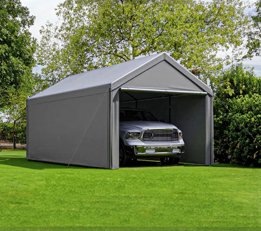 Carport 10x20 Ft Heavy Duty Canopy Steel Canopy Storage Shed,Portable Garage Party Tent,Portable Garage with Removable Sidewalls & Doors All-Season Tarp for Carport (Grey)