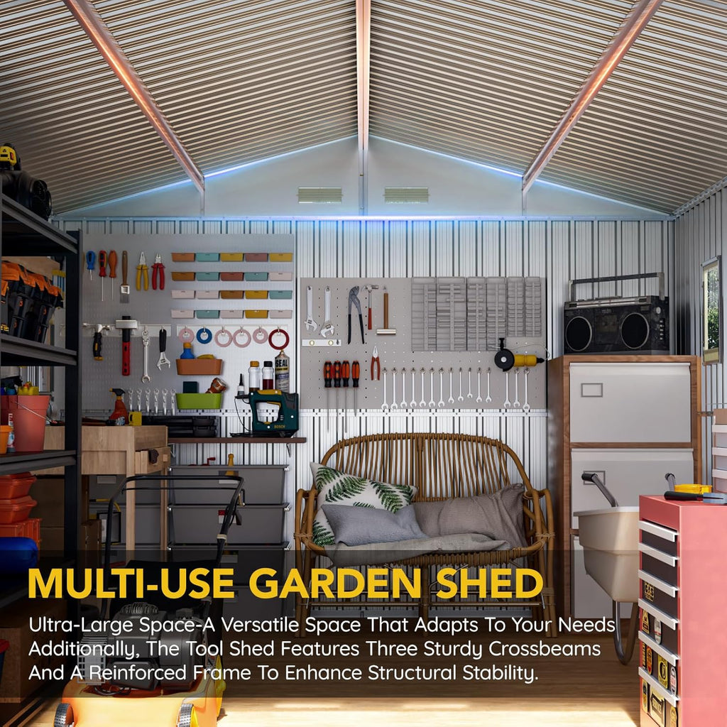 Verdeluxe 10x12x7.4FT Multi-Used Shed & Outdoor Storage Shed with Base, Lockable Doors, Windows and Vents, Extra Large Metal Shed for Garden,Backyard, Patio,Utility, Various Storage Shed(Matte Gray)