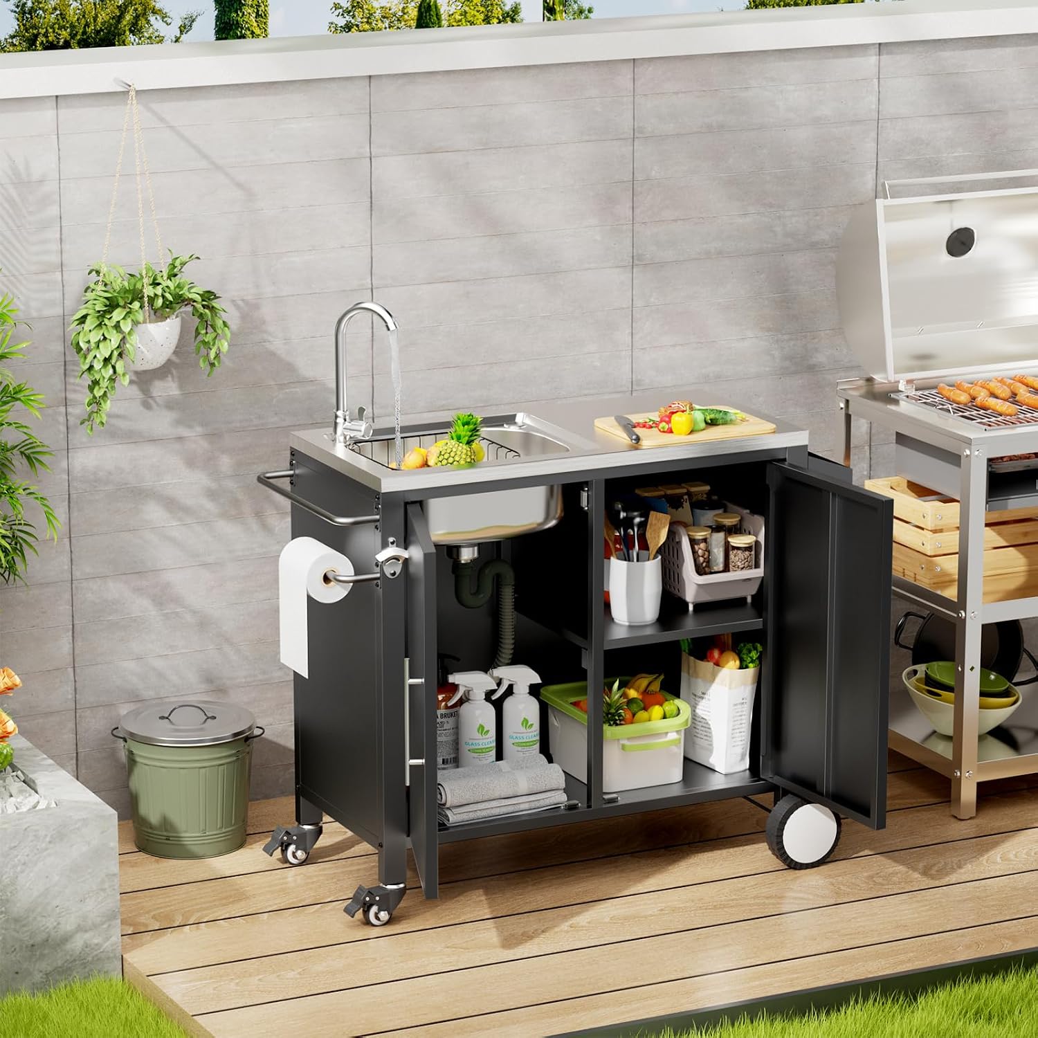Outdoor Grill Table with Sink, Grill Cart with 304 Stainless Steel Sink and Cabinet, Outdoor Grill Cart,Outdoor Cart Sink Station with Wheels, 38in x 18in x 35in