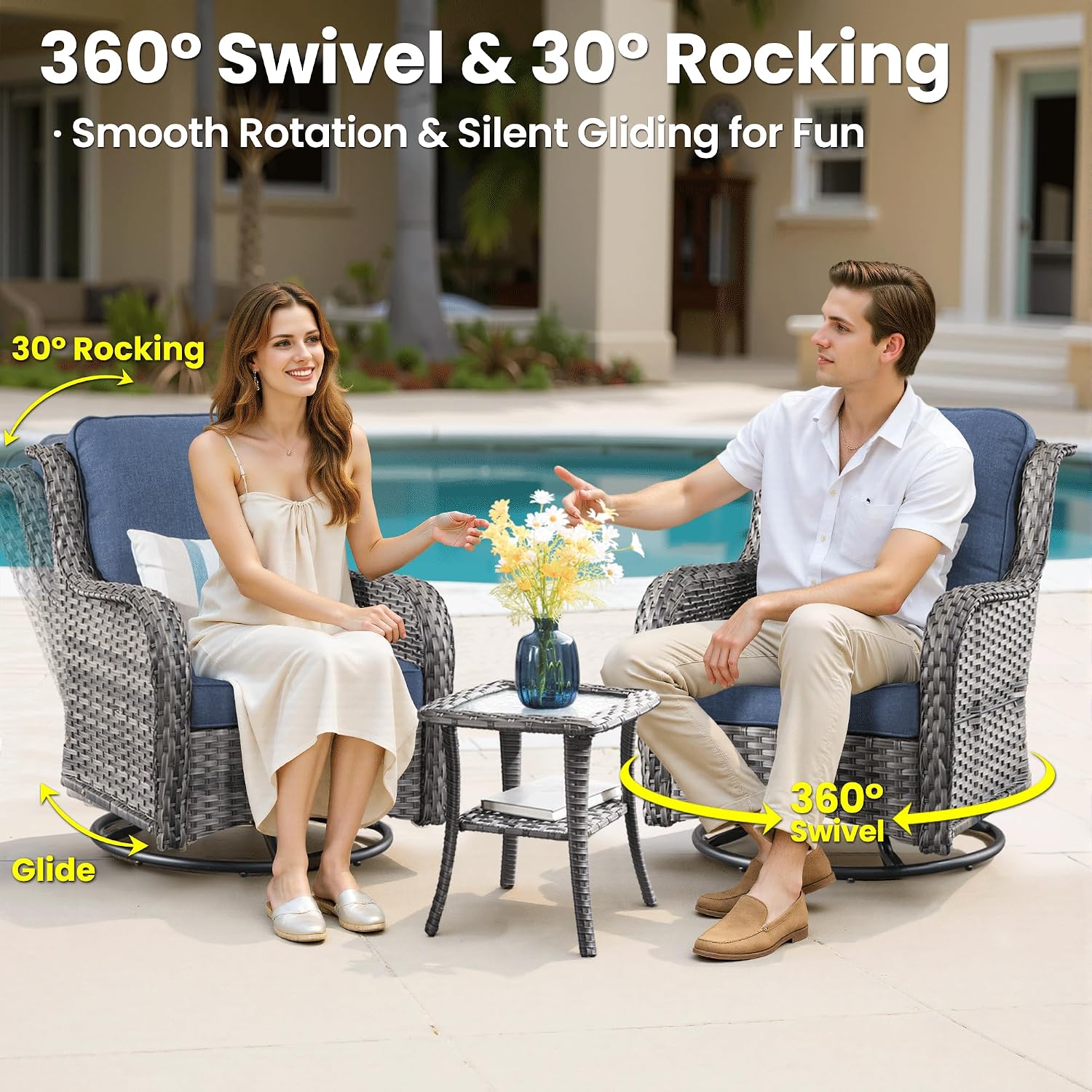 ovios 7 Pieces Patio Furniture Set with Swivel Rocking Chairs, Outdoor Wicker Sofa Couch Glass Coffee Table, All Weather High Back Modern Conversation Set, Grey Rattan, Denim Blue