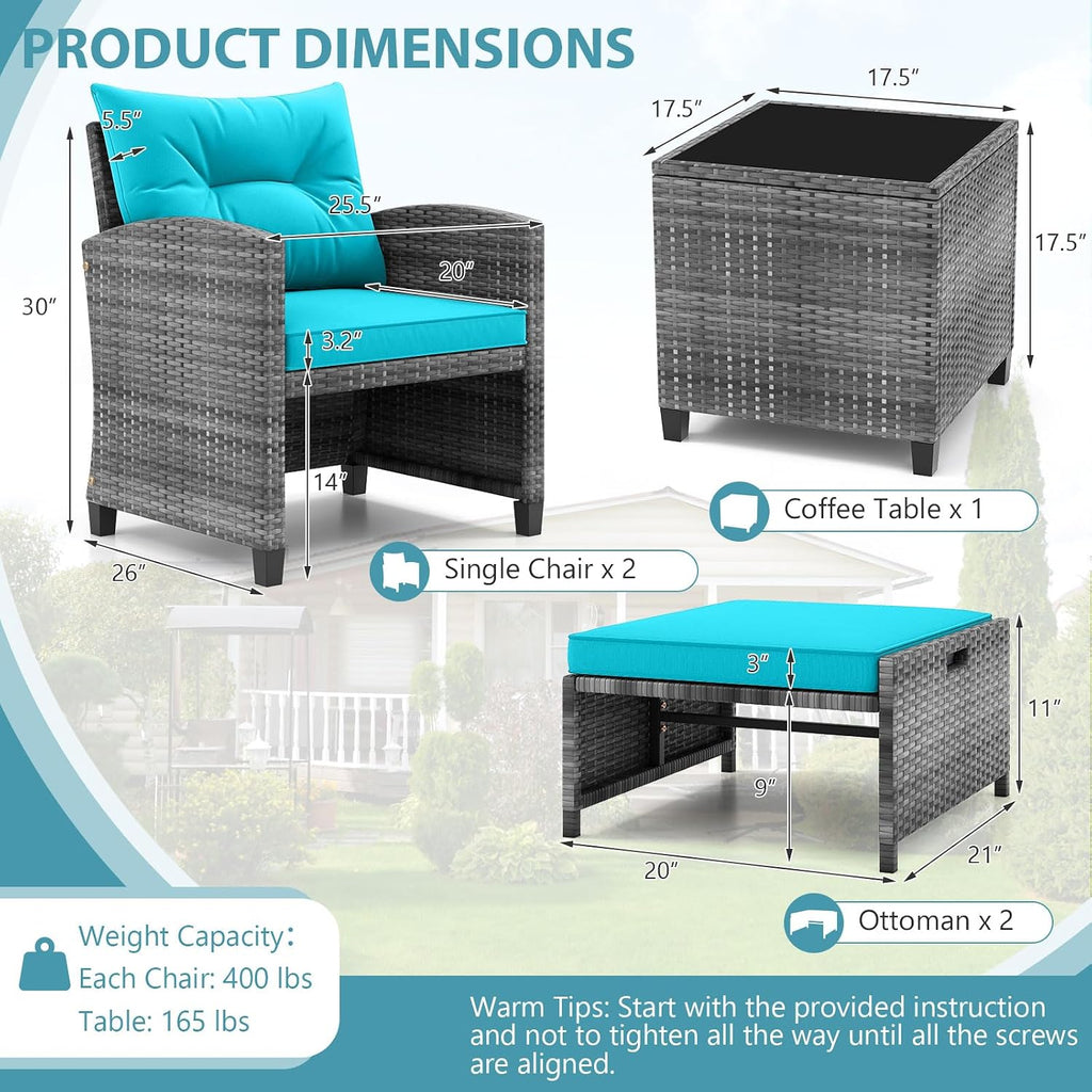 ORALNER 5 Pieces Patio Furniture Set with Ottoman, Wicker Conversation Set w/Cushions, Glass Coffee Table, Outdoor Lounger Rattan Chairs Bistro Set for Porch Balcony Garden Deck Poolside (Turquoise)