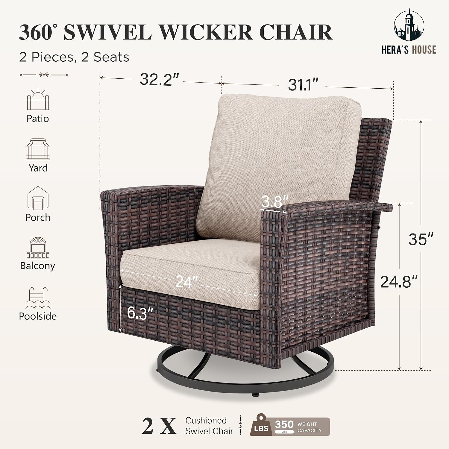 HERA'S HOUSE Outdoor Furniture, 2 x High Back Swivel Patio Chairs with 5.5' Cushions Wicker Rattan Deck Balcony Porch Furniture, Beige