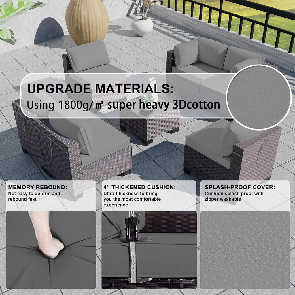Kullavik 7 Pieces Outdoor Patio Furniture Set,Sectional Rattan Sofa Set Brown PE Rattan Wicker Patio Conversation Set with Tempered Glass Coffee Table and Washable Cushions Covers,Grey