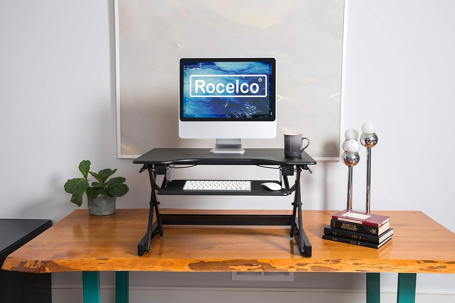 Rocelco 32' Height Adjustable Standing Desk Converter - Sit Stand Computer Workstation Riser - Dual Monitor Retractable Keyboard Tray Gas Spring Assist - Black (R EADRB2)