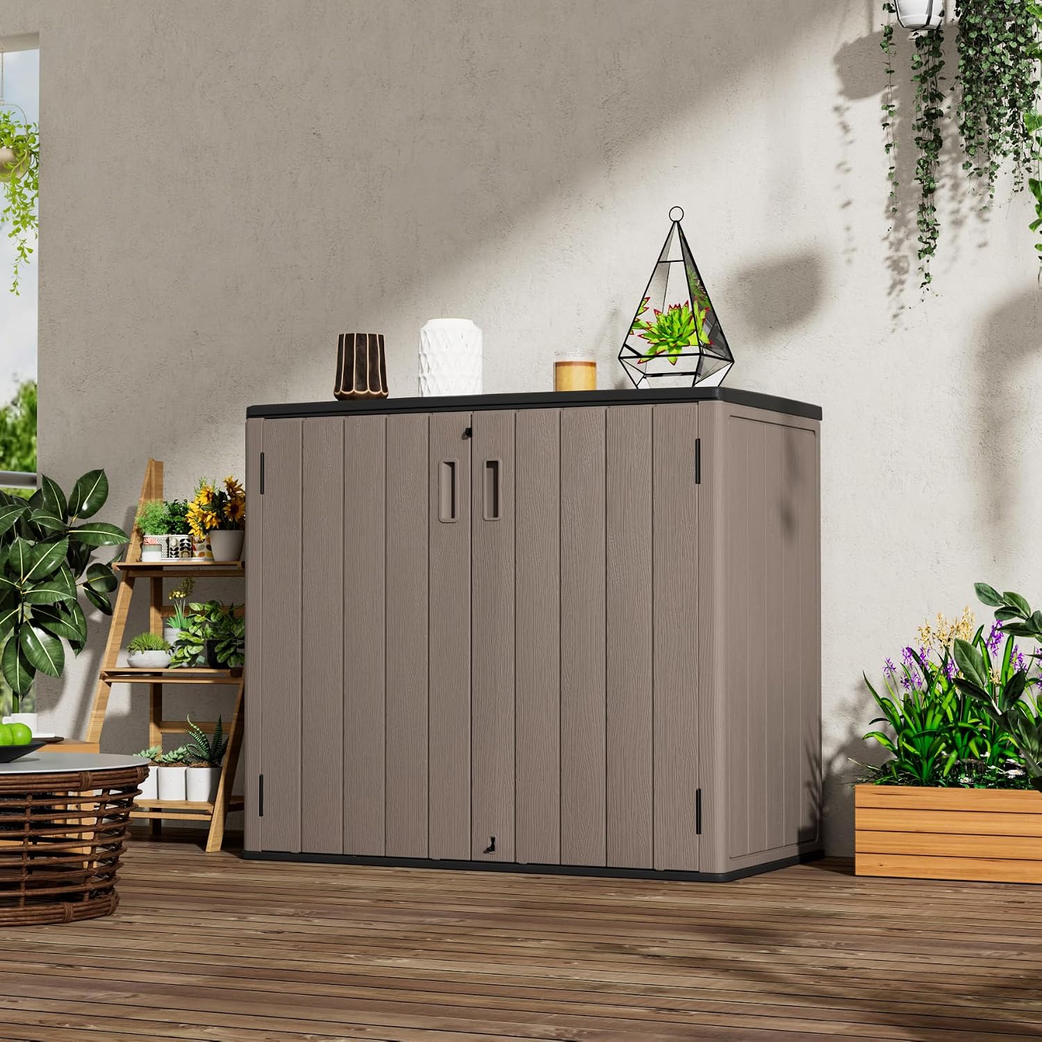 Mrosaa Large Outdoor Storage Box,Resin Shed,Waterproof/Lockable,Outdoor Storage Cabinet for Balcony,Garage,Backyard (37Cu.ft-Light Brown)