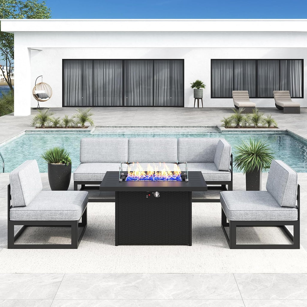 LayinSun Large Aluminum Patio Furniture Set with Fire Pit Table, 6 Pieces Modern Outdoor Conversation Set Sectional Metal Sofa Set with Olefin Cushion