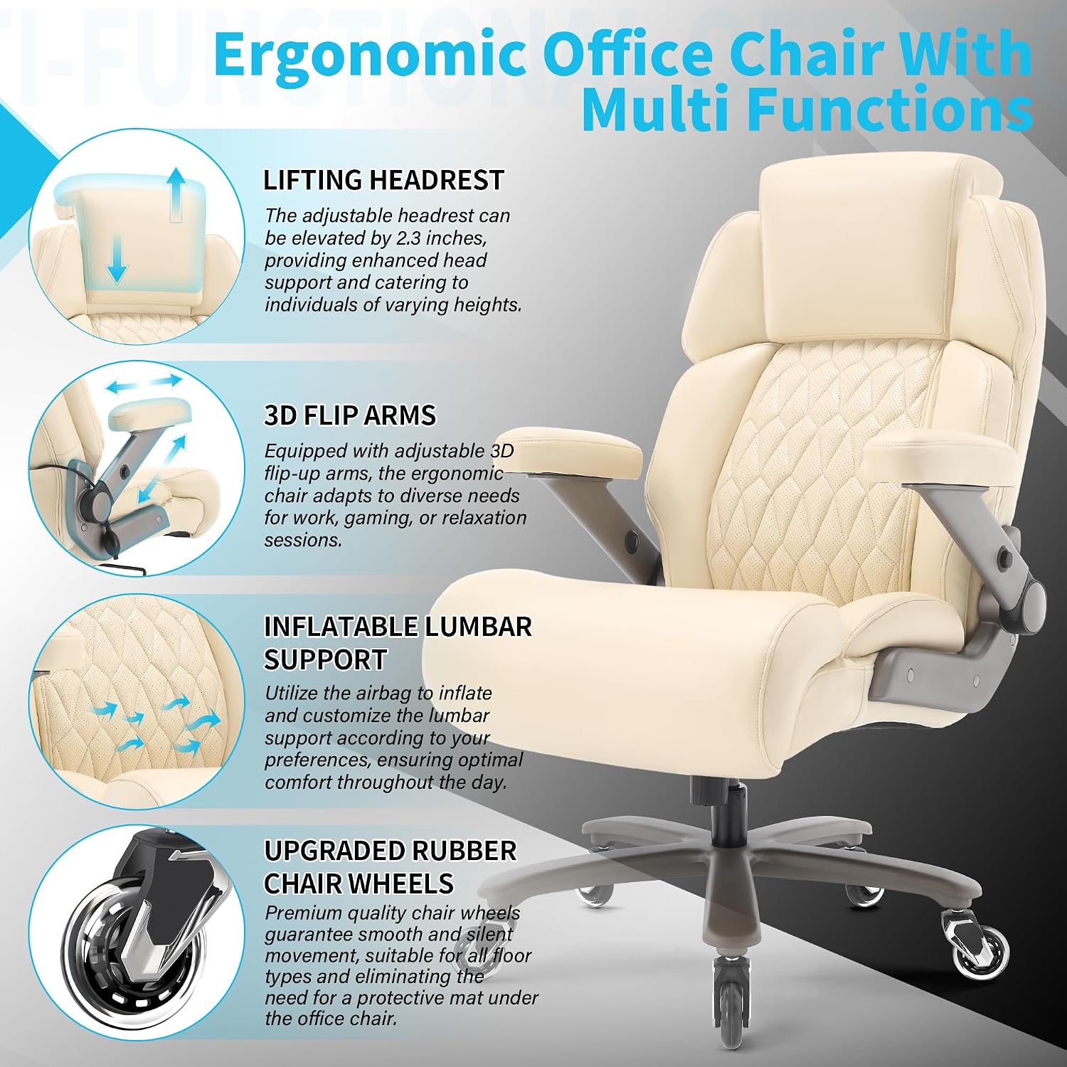 Big and Tall Office Chair 700lbs - Adjustable Headrest&Lumbar Support, 3D Flip Arms, Large Wheels &Heavy Duty Metal Base, Ergonomic High Back Computer Chair Desk Chair, Thick Padded Extra Wide Seat