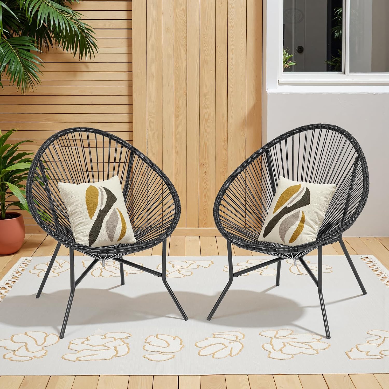 ONBRILL 6-Piece Outdoor Acapulco Chairs Set, Modern Patio Furniture Set, PE Rattan Bistro Set with Steel Frame for Balcony, Lawn, Porch and Garden, Black