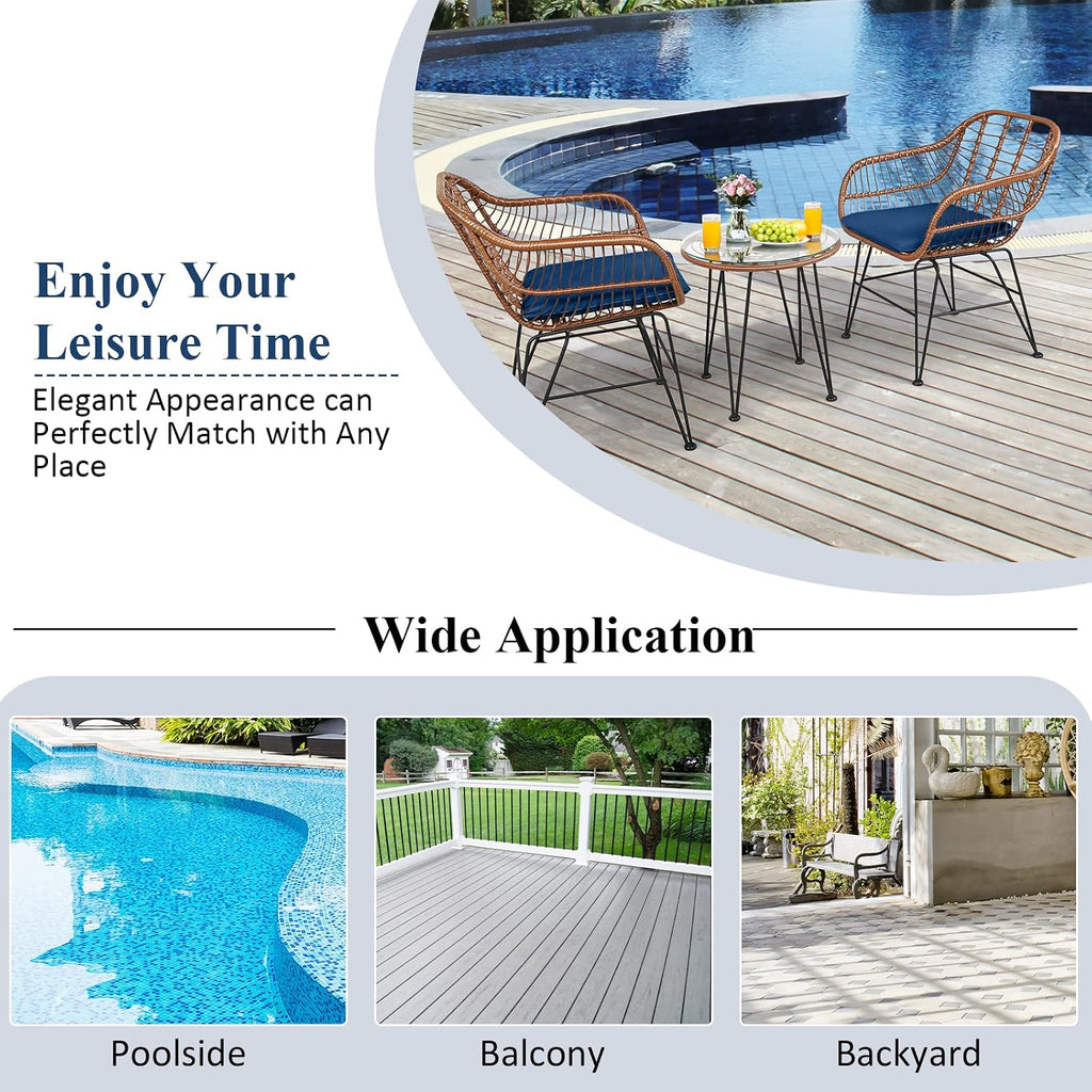 COSTWAY 3 Pieces Patio Bistro Set, Outdoor Rattan Conversation Seating Chair Set with Coffee Table & Soft Cushions, Indoor Wicker Furniture Set for Garden, Balcony, Porch, Pool, Navy