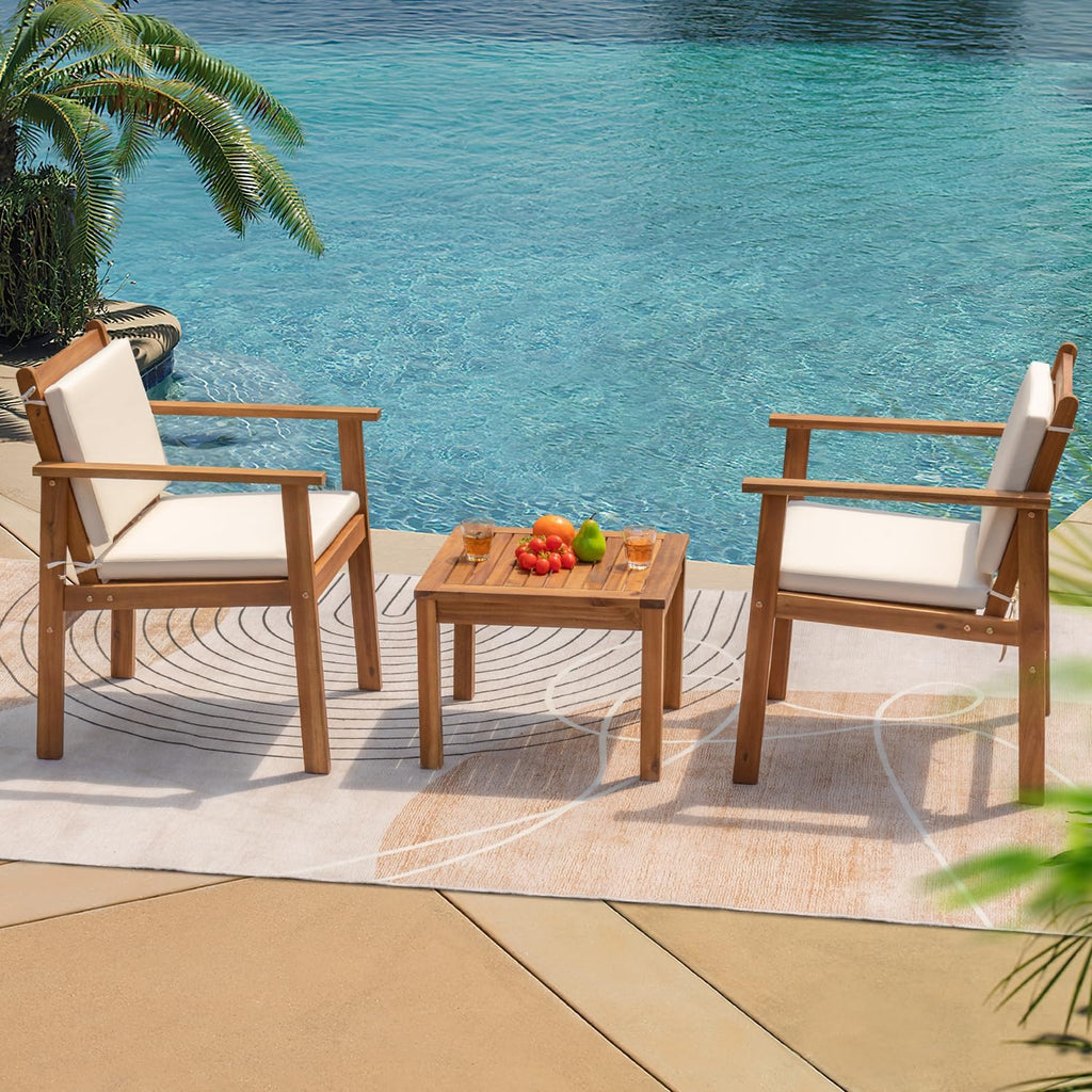 Greesum Outdoor Patio Furniture, 3 Piece Bistro Sofa Set with 1 Coffee Table and 2 Chairs, Acacia Wood Conversation Sets with Cushions, for Garden, Backyard, Poolside, White