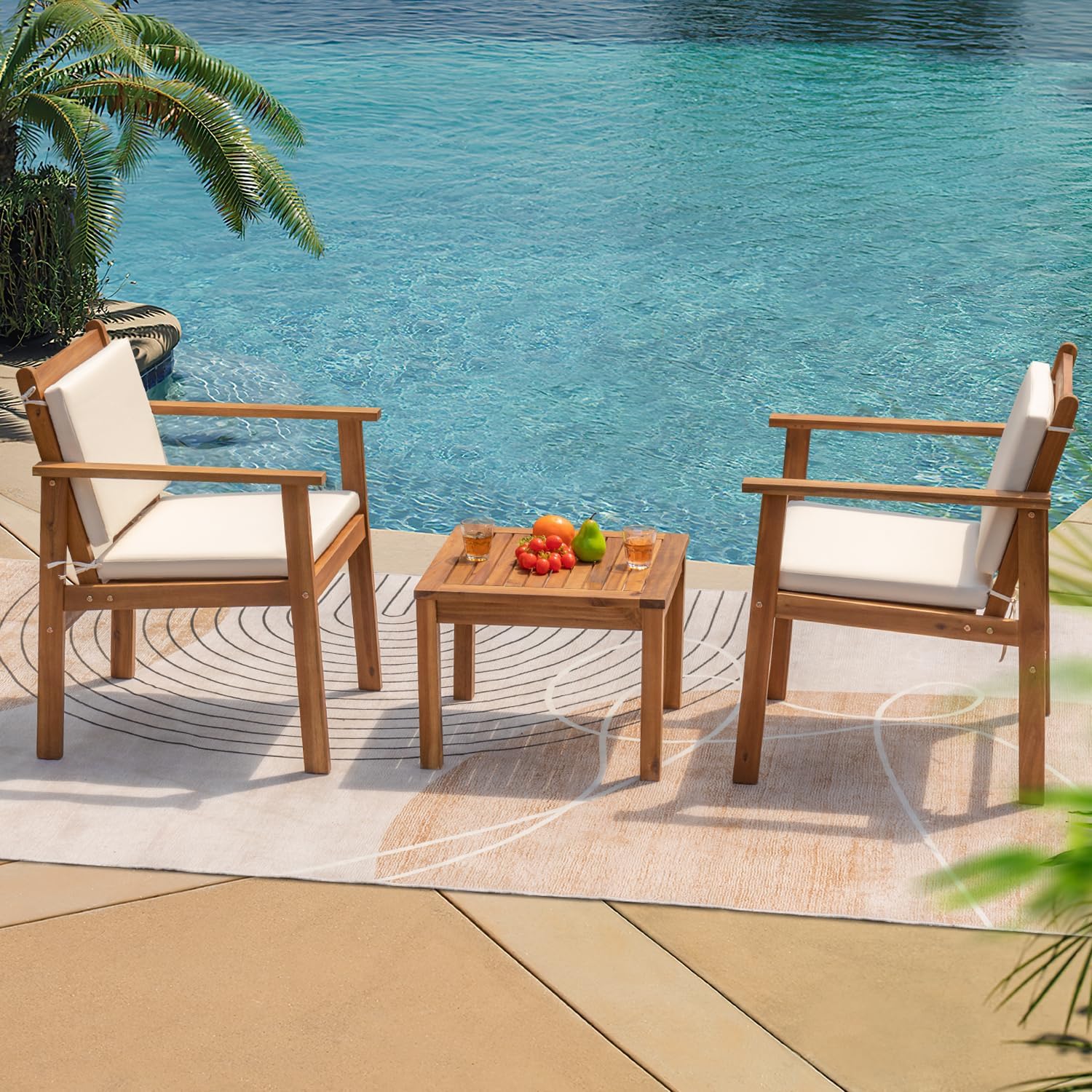 Greesum Outdoor Patio Furniture, 3 Piece Bistro Sofa Set with 1 Coffee Table and 2 Chairs, Acacia Wood Conversation Sets with Cushions, for Garden, Backyard, Poolside, White