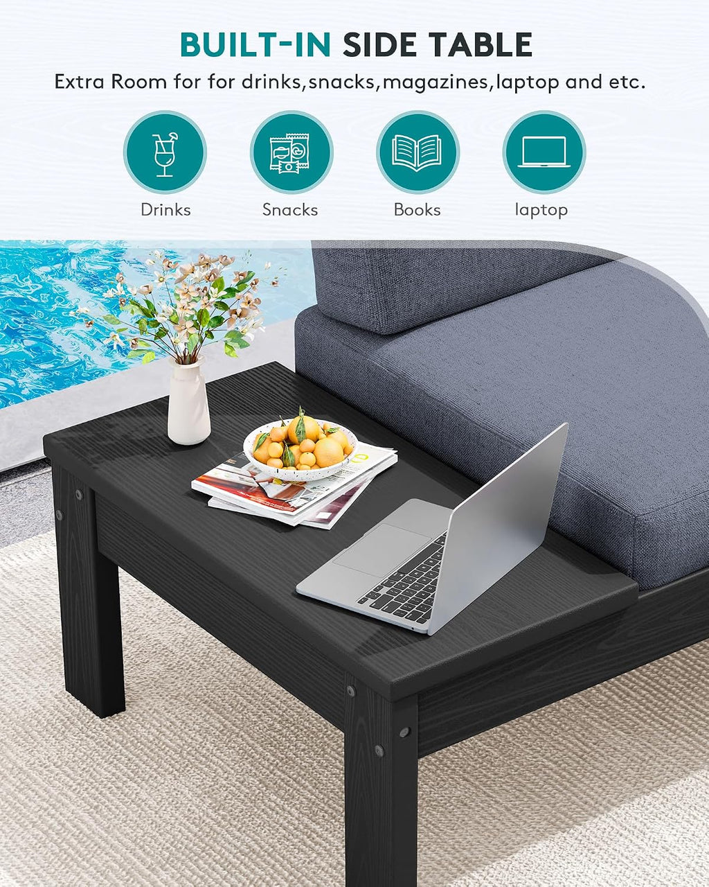 SERWALL HDPE Outdoor Furniture Set, 2 Seats Outdoor Sectional with Coffee Table, All Weather Patio Sofas, Outdoor Conversation Sets with Adjustable Backrest Sofa for Backyard, Garden, Black with Grey