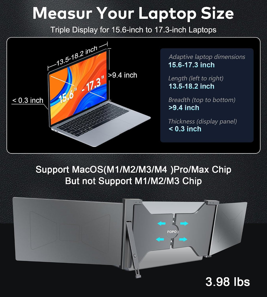 15.6' Triple Portable Laptop Monitor, FHD 1080P IPS Screen Extender Portable Display for 15.6-17.3' Laptops, PnP Travel Laptop Screen Extender with USB-C&HDMI, Dual Monitor for Windows, Mac
