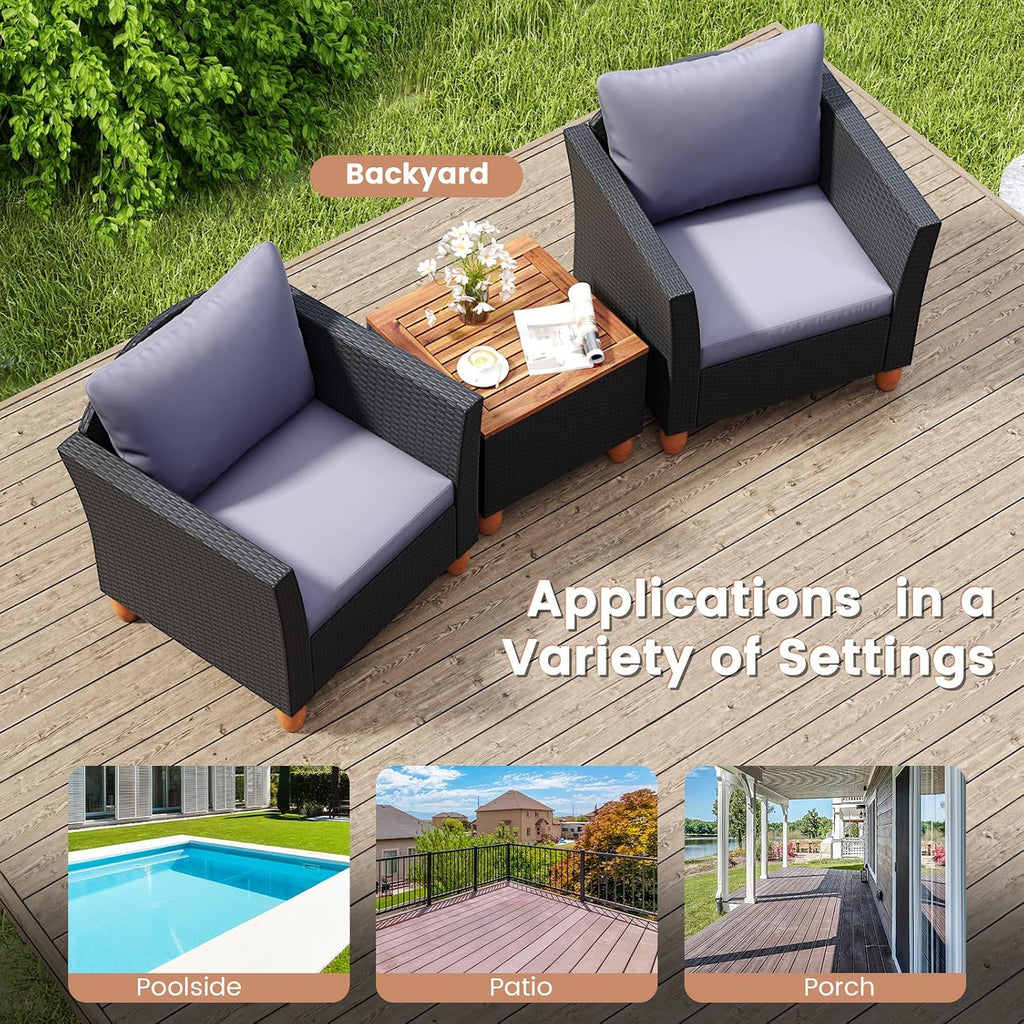 COSTWAY 3 Pieces Patio Rattan Furniture Set, Outdoor Wicker Conversation Chairs Set with Acacia Wood Coffee Table & Washable Cushion, Porch Furniture Bistro Set for Balcony, Garden, Backyard, Grey