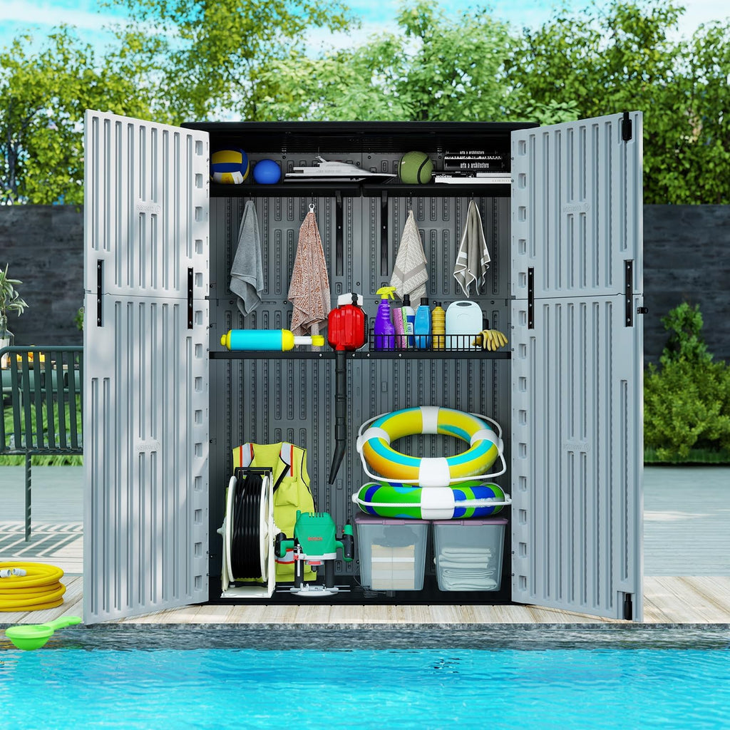 ZZM 57 Cu.ft Outdoor Storage Cabinet with One Tool Kit, Horizontal Storage Shed for Garage, Bike, Garbage Cans, Garden Accessories