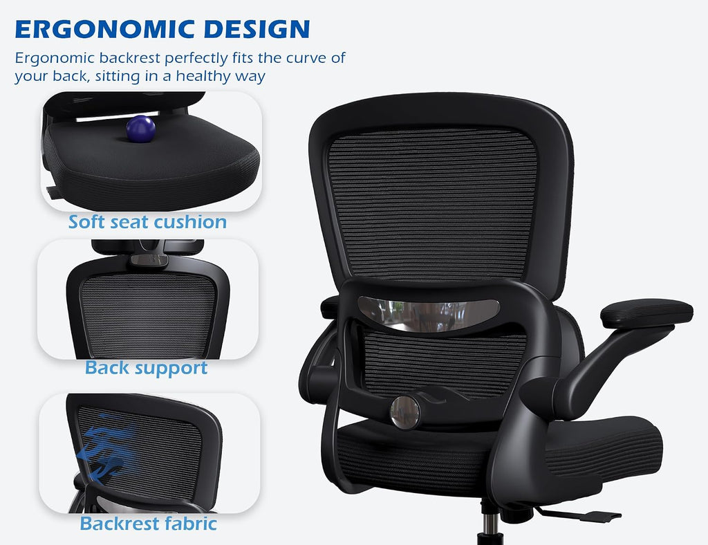 TRALT Ergonomic Office Chair - Desk Chair with Adjustable Headrest Lumbar Support Computer Chair - Mesh Comfy Chair with Flip-up Armrests - Gaming Chair for Adults Home Office PU, Black, Pack of 2