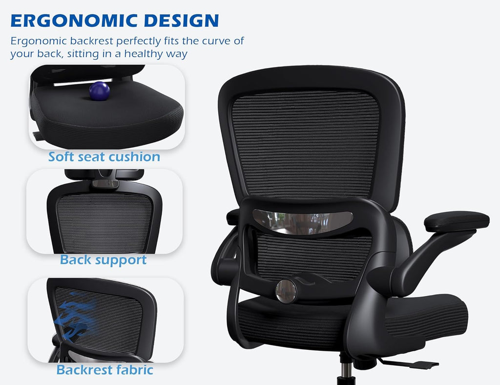 TRALT Ergonomic Office Chair - Desk Chair with Adjustable Headrest Lumbar Support Computer Chair - Mesh Comfy Chair with Flip-up Armrests - Gaming Chair for Adults Home Office PU, Black, Pack of 6