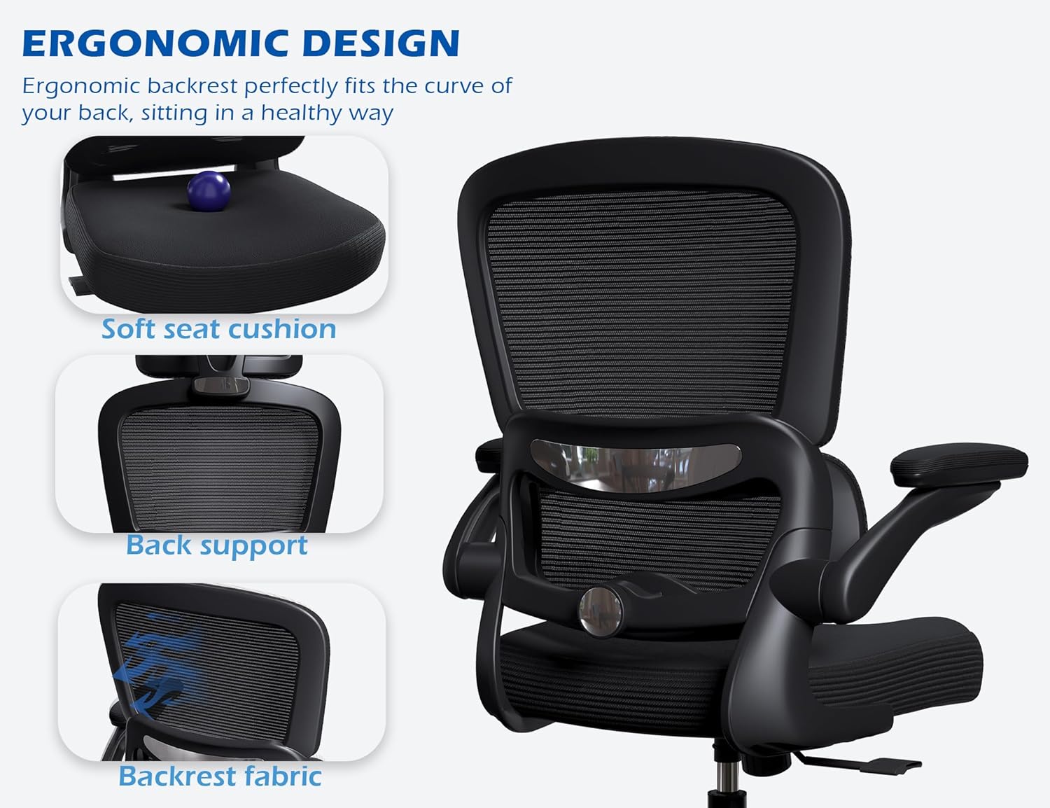 TRALT Ergonomic Office Chair - Desk Chair with Adjustable Headrest Lumbar Support Computer Chair - Mesh Comfy Chair with Flip-up Armrests - Gaming Chair for Adults Home Office PU, Black, Pack of 6
