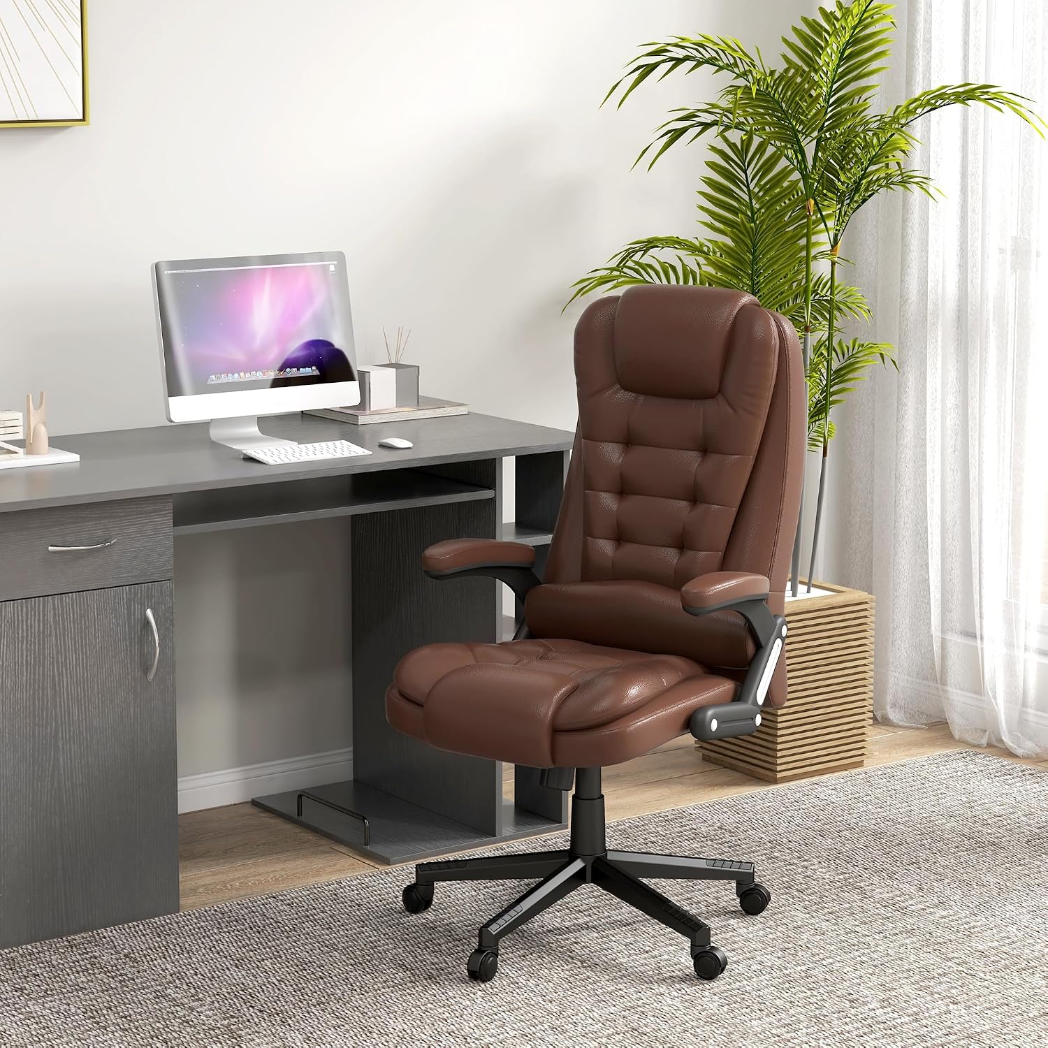 HOMCOM High Back Vibration Massage Office Chair with 6 Vibration Points, Heated Reclining PU Leather Computer Chair with Armrest and Remote, Brown