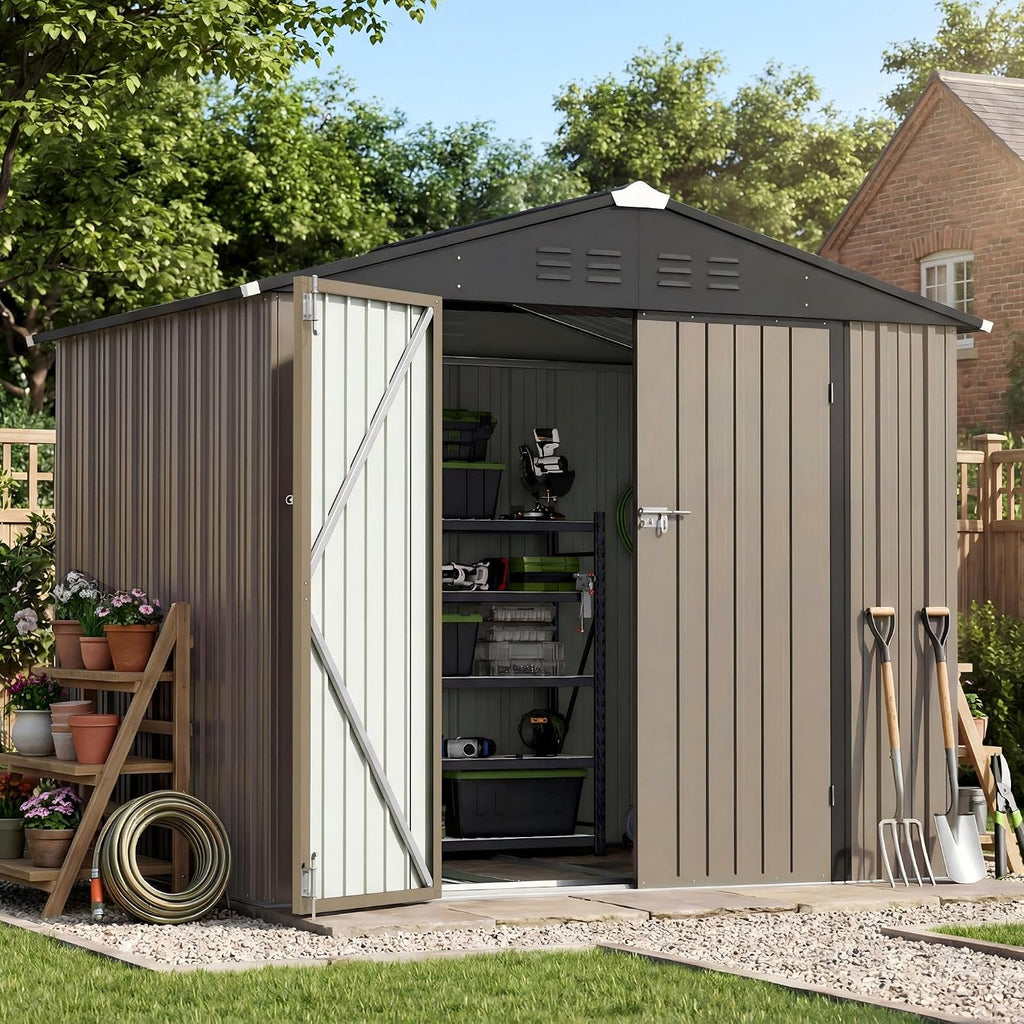 Patiowell 8x6 FT Outdoor Storage Shed with Floor Frame, Metal Garden Patio Sheds with Sloping Roof and Lockable Door, Waterproof Steel Tool Shed for Backyard Garden Lawn, Brown