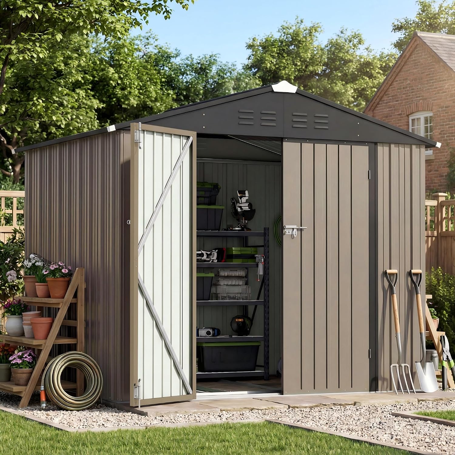 Patiowell 8x6 FT Outdoor Storage Shed with Floor Frame, Metal Garden Patio Sheds with Sloping Roof and Lockable Door, Waterproof Steel Tool Shed for Backyard Garden Lawn, Brown