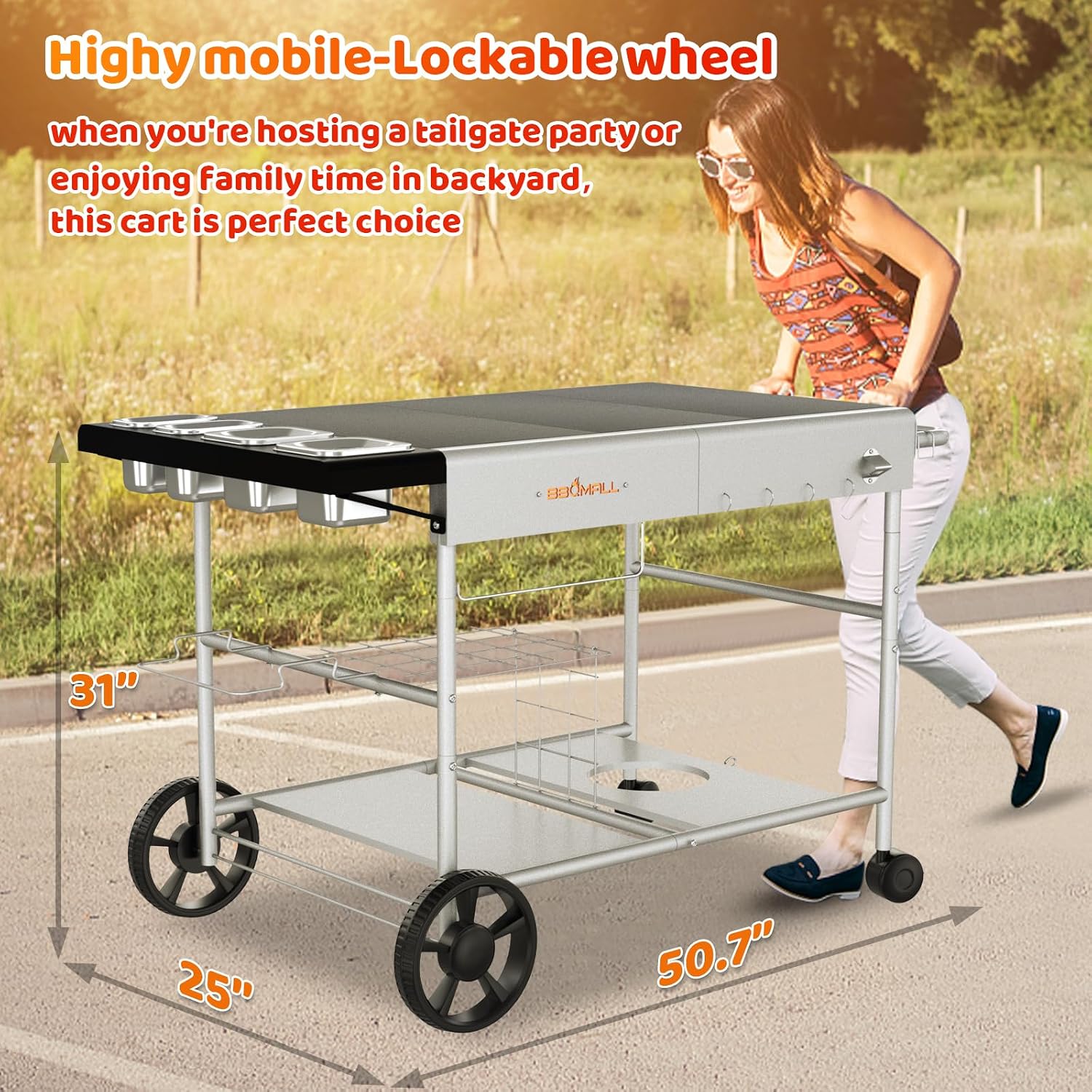 Pizza Oven Table Grill Cart with Pizza Topping Station Movable Food and Prep Workcart Outdoor Grill Table Stand for Ninja Woodfire Blackstone Griddle Cuisinart etc Grill, Barbecue tool set