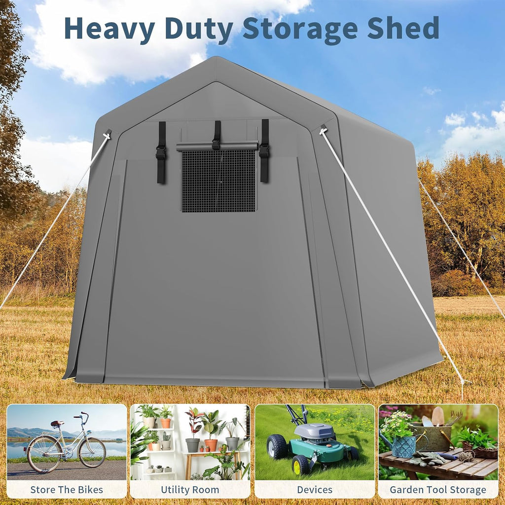 Garvee 6 ft x6 ft Outdoor Portable Storage Shed, Waterproof & UV-Resistant Garage Shelter with 2 Roll-Up Zipper Doors, Anti-Snow Carport Tent for Motorcycle, Bike, and Outdoor Equipment, Gray