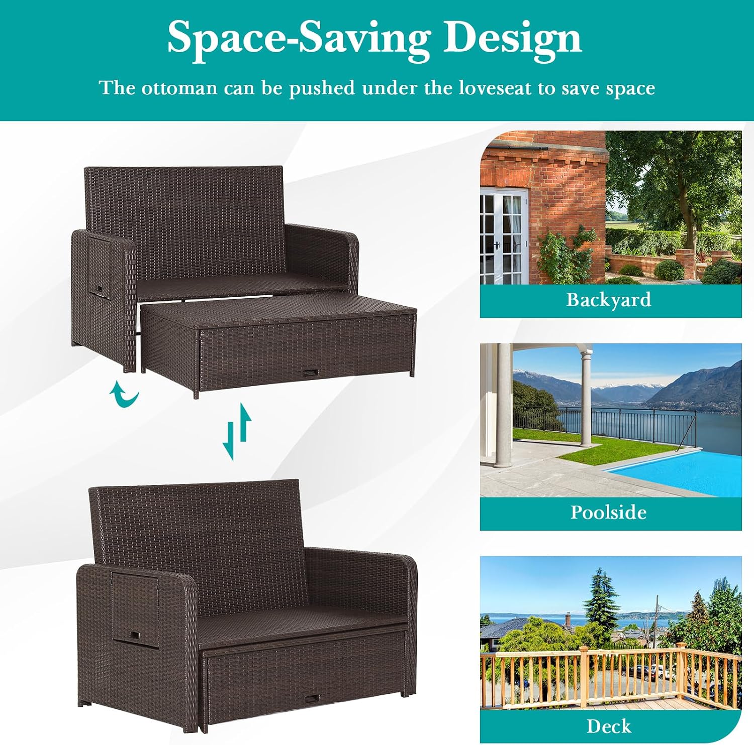 Tangkula Patio Rattan Daybed with 4-Level Adjustable Backrest, Outdoor PE Wicker Loveseat with Storage Ottoman & Folding Side Tray, Double Sunbed Lounger for Balcony, Backyard & Poolside, Turquoise
