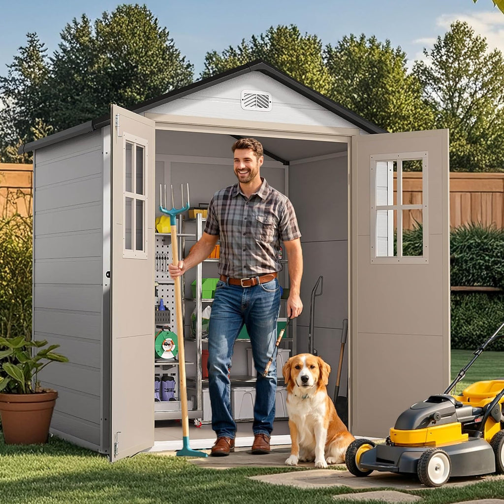 DWVO 6x4.4 FT Outdoor Storage Shed, Plastic Garden Tool Shed with 2 Windows, Double-Wall Outside Shed for Lawn Mower, Garden Tool for Backyard, Patio, Lawn, Lockable, Greige&Gray