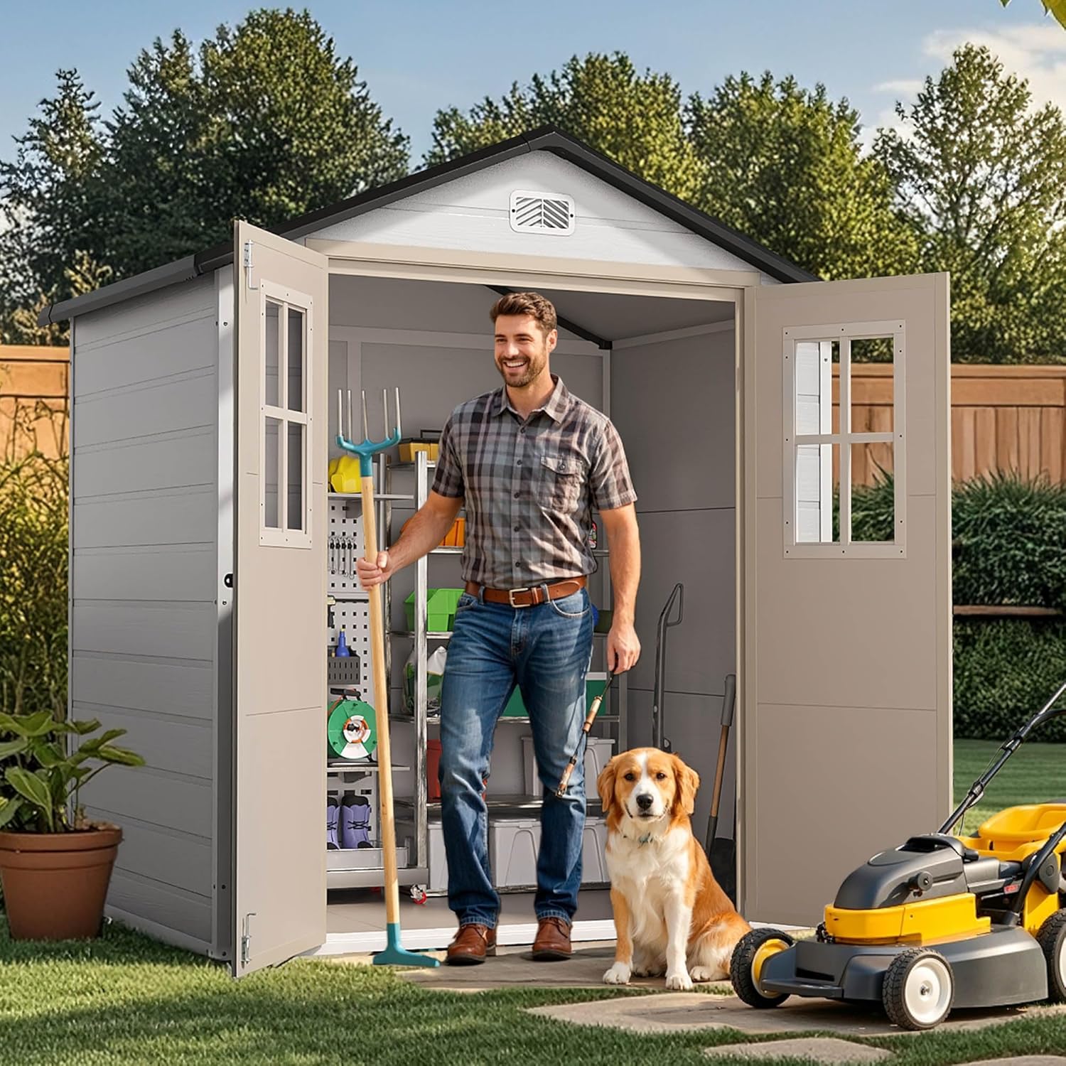 DWVO 6x4.4 FT Outdoor Storage Shed, Plastic Garden Tool Shed with 2 Windows, Double-Wall Outside Shed for Lawn Mower, Garden Tool for Backyard, Patio, Lawn, Lockable, Greige&Gray