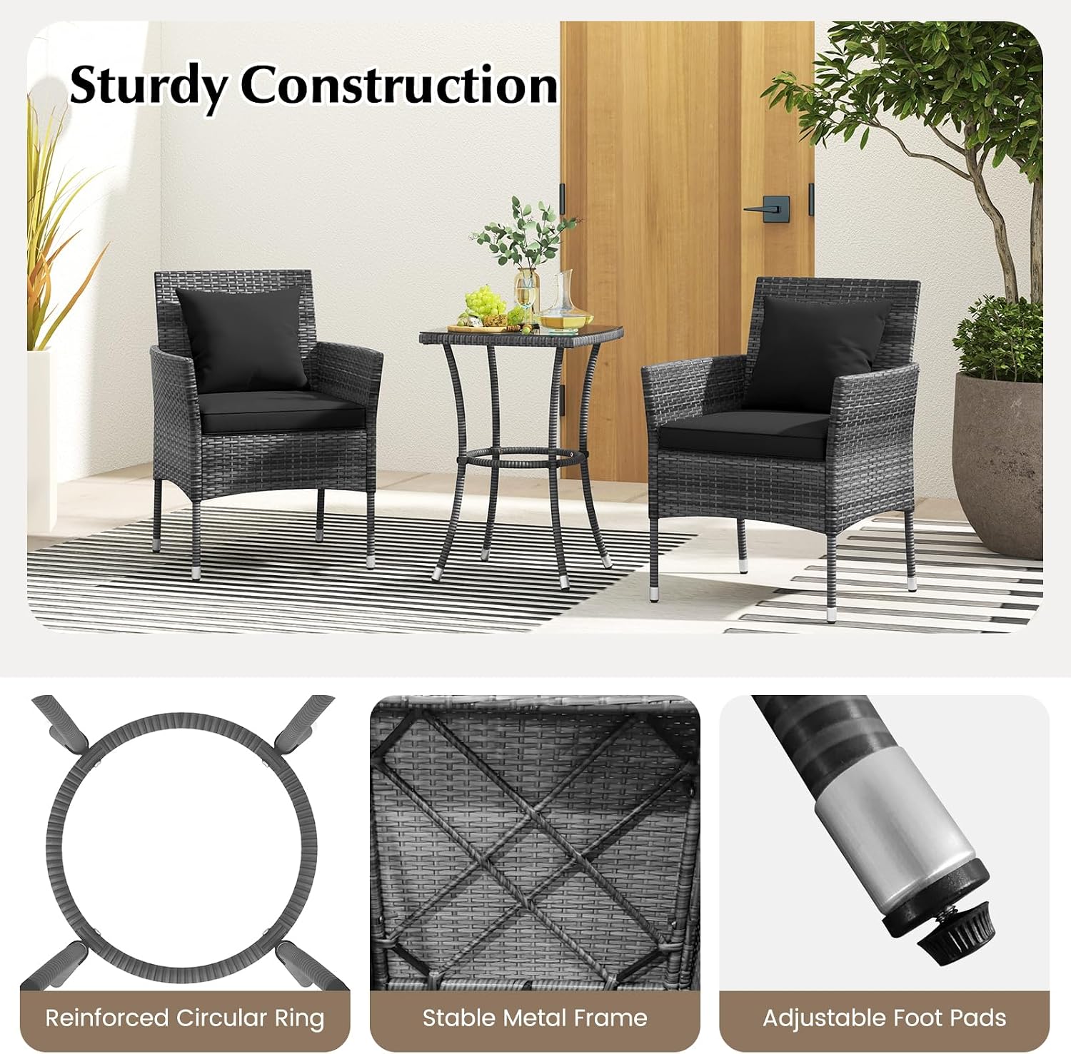 RELAX4LIFE 3-Piece Patio Furniture Set - Rattan Wicker Outdoor Furniture w/Cushions & Tempered Glass Coffee Table, Small Conversation Bistro Table and Chairs Set of 2 for Garden Porch Balcony (Black)