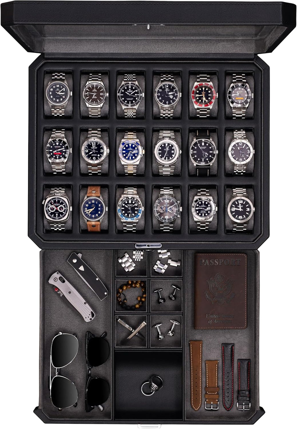 ROTHWELL 18-Slot Watch Case with Drawer – Luxury Watch Box for Men, Real Glass Top, Lockable, Display Case for Collections (Black/Grey)
