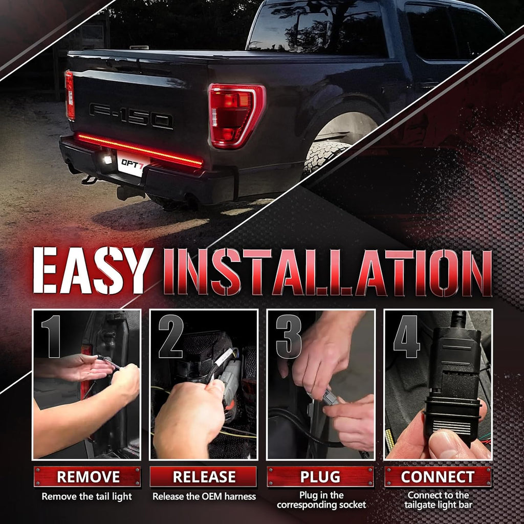 OPT7 Dynamic Taillight for F150 2021-2023 w/OE Halogen Taillights and Blind Spot Monitor – Redline 60' 2-Section Triple Row LED Truck Tailgate Light Bar w/Sequential Amber Turn + Plug'n'Play Harness