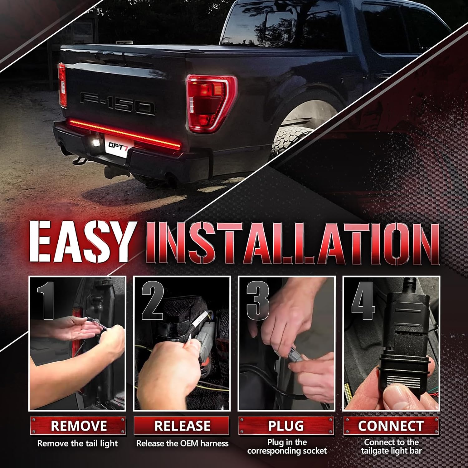OPT7 Dynamic Taillight for F150 2021-2023 w/OE Halogen Taillights and Blind Spot Monitor – Redline 60' 2-Section Triple Row LED Truck Tailgate Light Bar w/Sequential Amber Turn + Plug'n'Play Harness