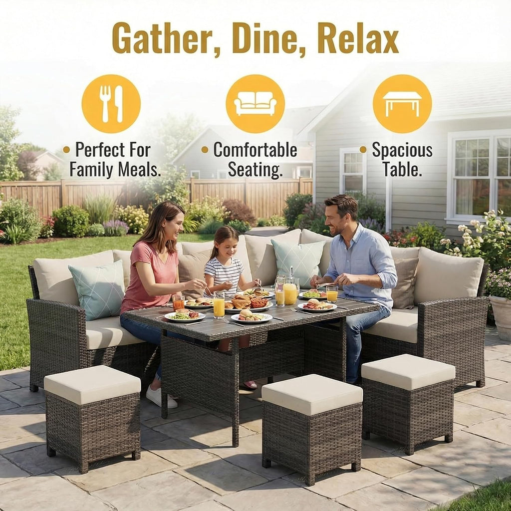 Wisteria Lane 7 Piece Patio Furniture Set, High Curved Back Wicker Patio Sectional, All Weather Outdoor Dining Set, Outdoor Furniture Patio Conversation Set with Ottoman, Ivory