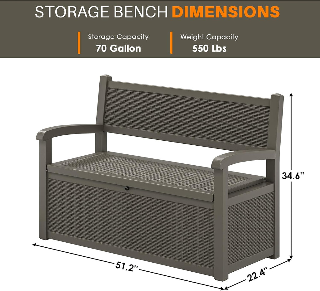 LHBcraft 70 Gallon Deck Bench with Storage,Outdoor Storage Box Bench Waterproof&Lockable, Resin Patio Furniture with Armrest for Patio, Porch, Garden,Grey