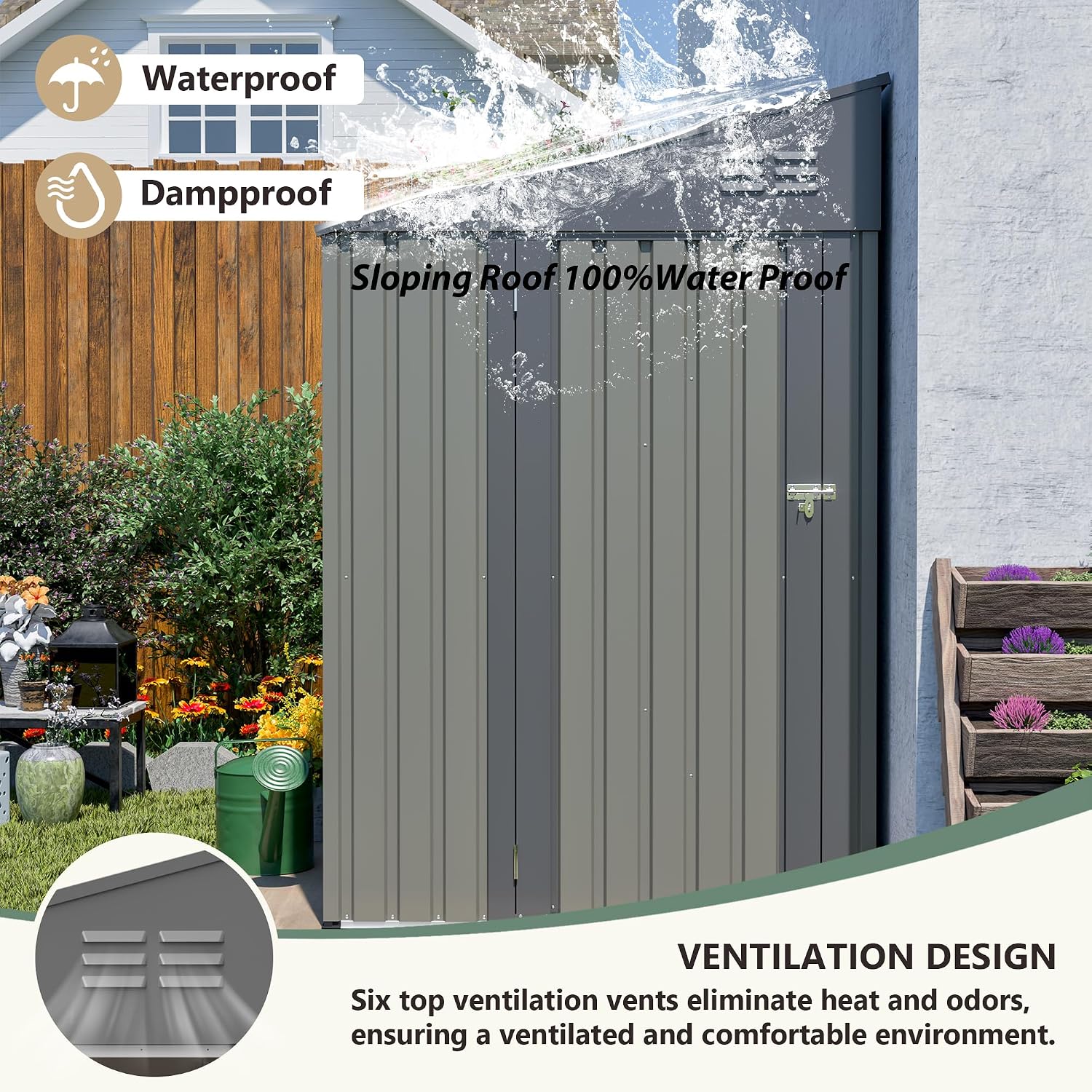 4 × 7 FT Lean to Storage Shed, Outdoor Metal Wall Side Bike Mower Sheds & Outdoor Storage Cabinet, Lockable Tool Organization Shed for Garden Patio