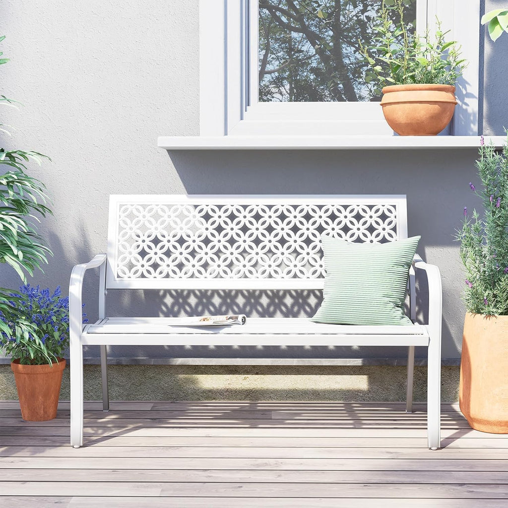 Grand patio 50' Garden Bench, Outdoor Benches with Anti-Rust Metal Powder Coated Frame, Patio Bench for Front Porch Park Outside Furniture Decor,White