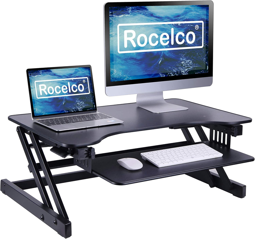 Rocelco 32' Height Adjustable Standing Desk Converter - Slide Out Retractable Keyboard Tray - Sit Stand Up Double Monitor Riser - Dual Piston Lift Assist Tabletop Computer Workstation - Black (R ADRB)