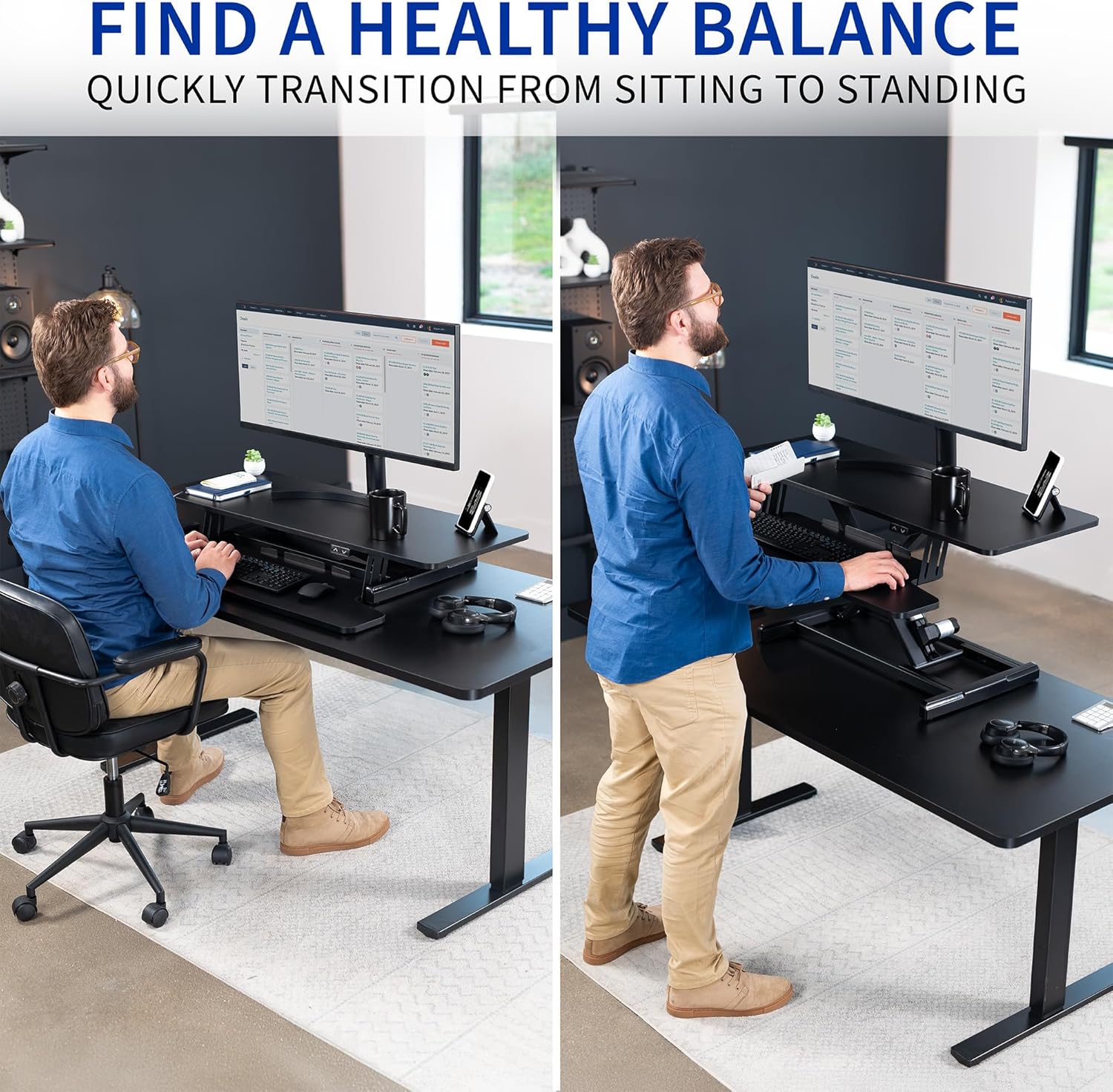 VIVO 42 inch Electric Motor Desk Converter, Height Adjustable Riser, Sit to Stand Dual Monitor and Laptop Workstation with Wide Keyboard Tray, Black, DESK-VE42B