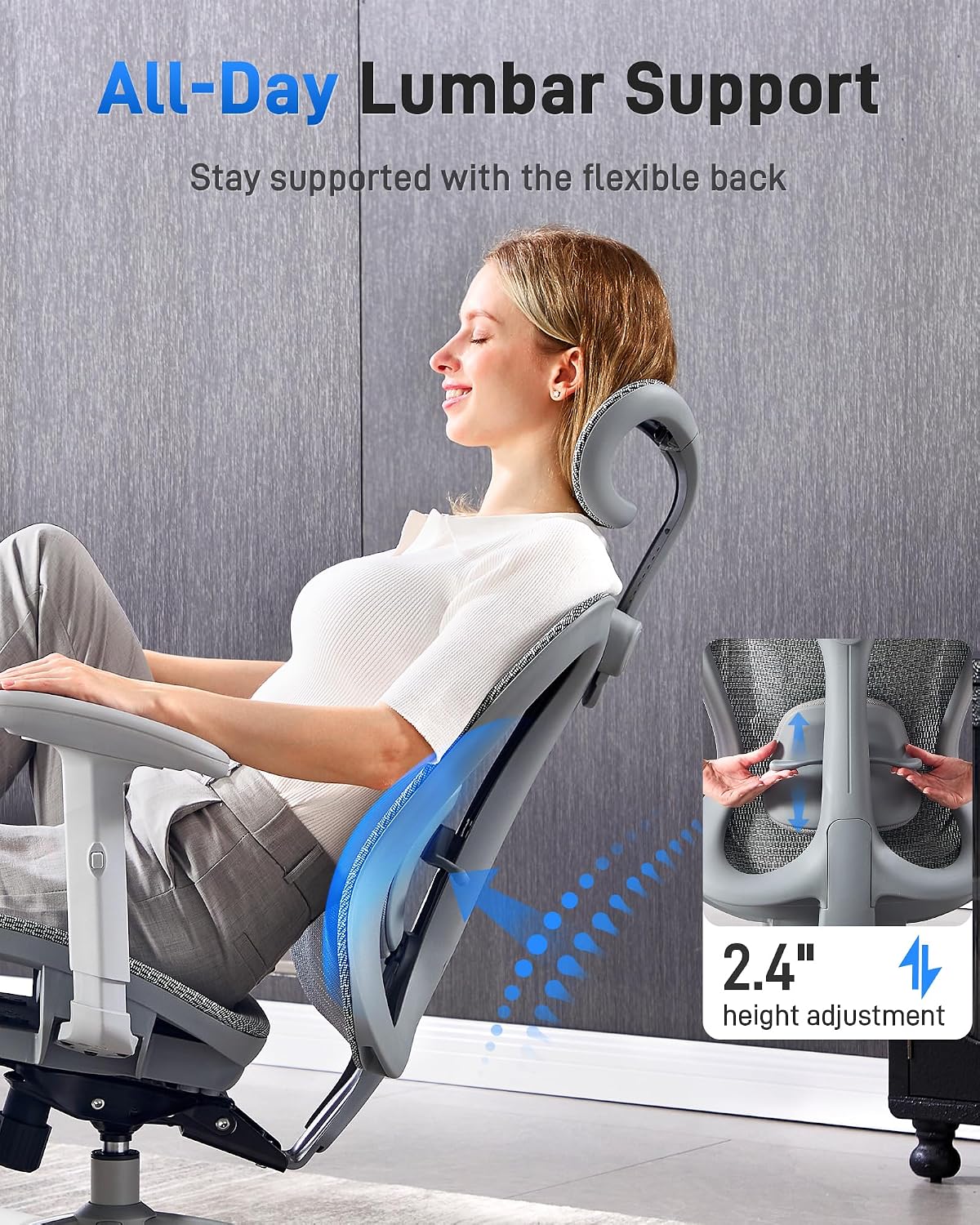 amseatec Ergonomic Office Desk Chair, Comfortable Computer Gaming Chair, Breathable Mesh Back & Seat, Adjustable Armrest & Headrest, Lumbar Support, Butterfly Design for Home Office, Gray